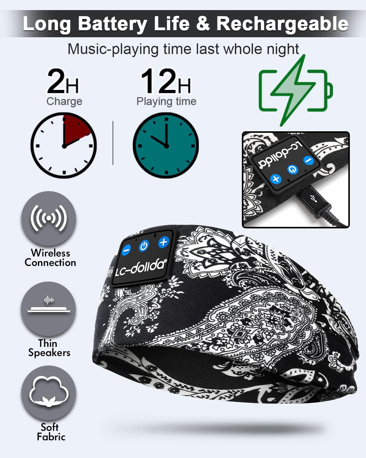 Sleep Headphones Headband Headphones,Lc-Dolida Boho Printed Workout Wireless Bluetooth Headband Sport Sleeping Headphones for Side Sleepers Handsfree Music Headband Tech Gadget Ideas for Running image number 4