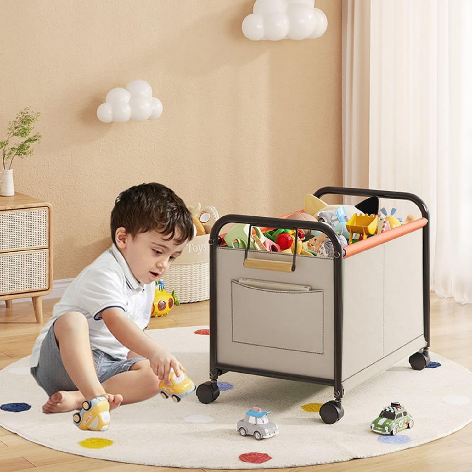 Kids Toy Box with Wheels & Dividers &ndash; Large Removable Storage Organizer Bin for Toys, Clothes, Blankets, Nursery & Playroom (For Boys & Girls) image number 3