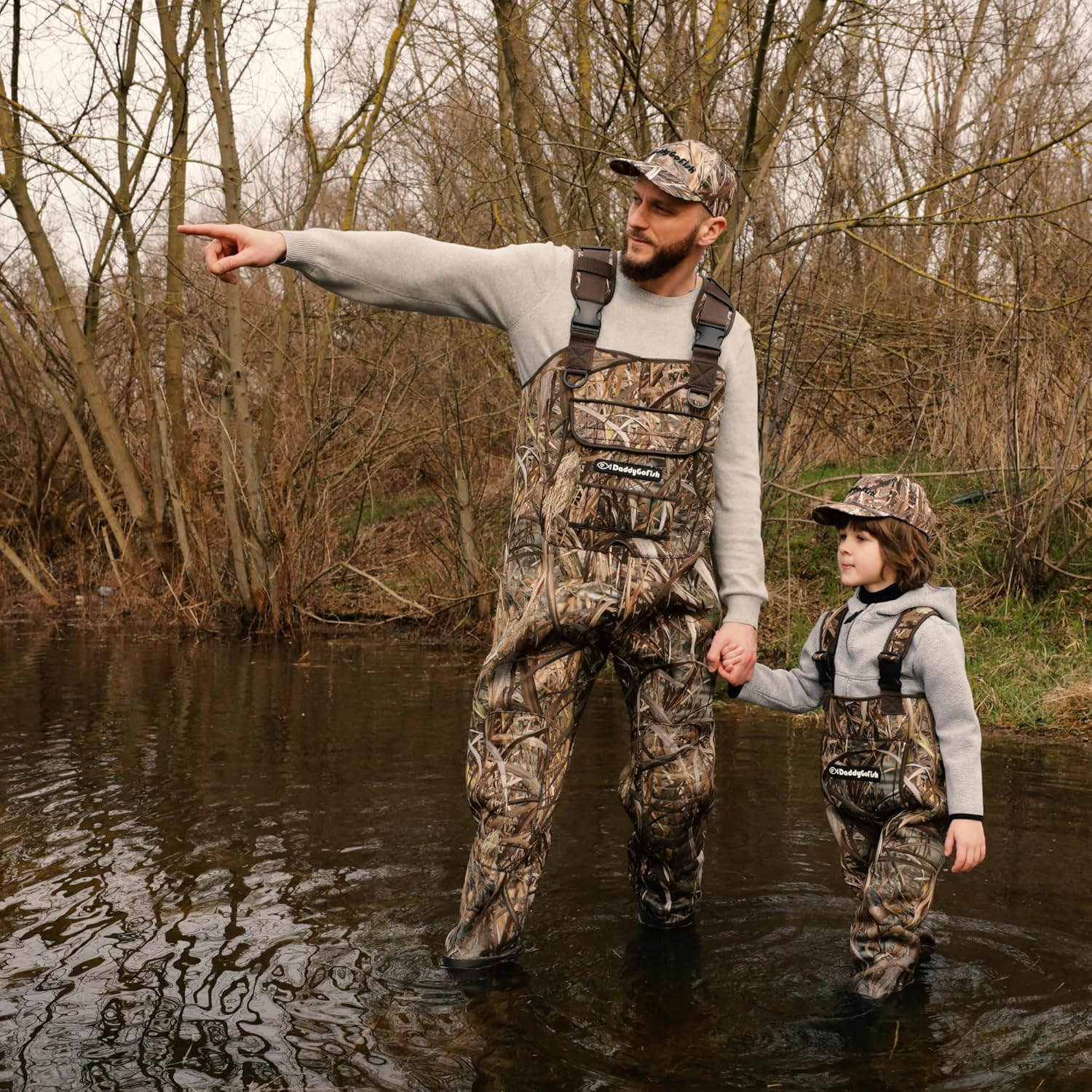 Daddygofish Neoprene Chest Waders for Kids and Adults, Bootfoot, Fishing & Hunting with a Camouflage Caps, and a Wader Hanger image number 1