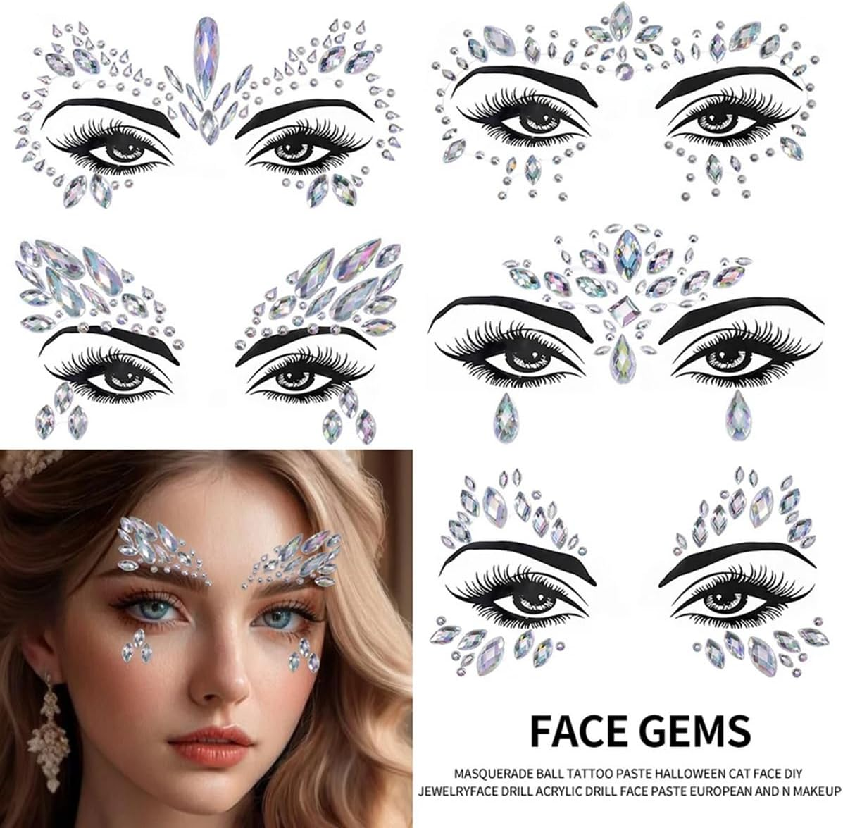 5Pcs/Set 3D Rhinestone Face Sticker Festival Party Glitter Diamond Makeup Jewelry Face Tattoo Sticker Crystal Gems Jewels Face Decoration image number 1