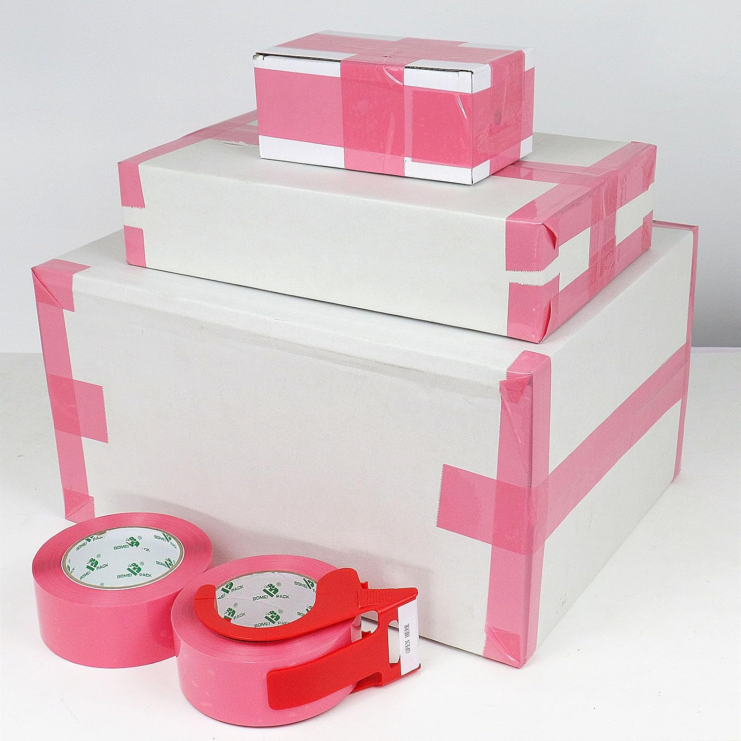 3 Rolls BOMEI PACK Pink Packing Tape with Dispenser, Heavy Duty Packaging Tape for Moving Shipping Sealing and Storage,1.8Mil Thick, 3 Rolls 1.88 Inch X 50 M,Total 150M image number 1