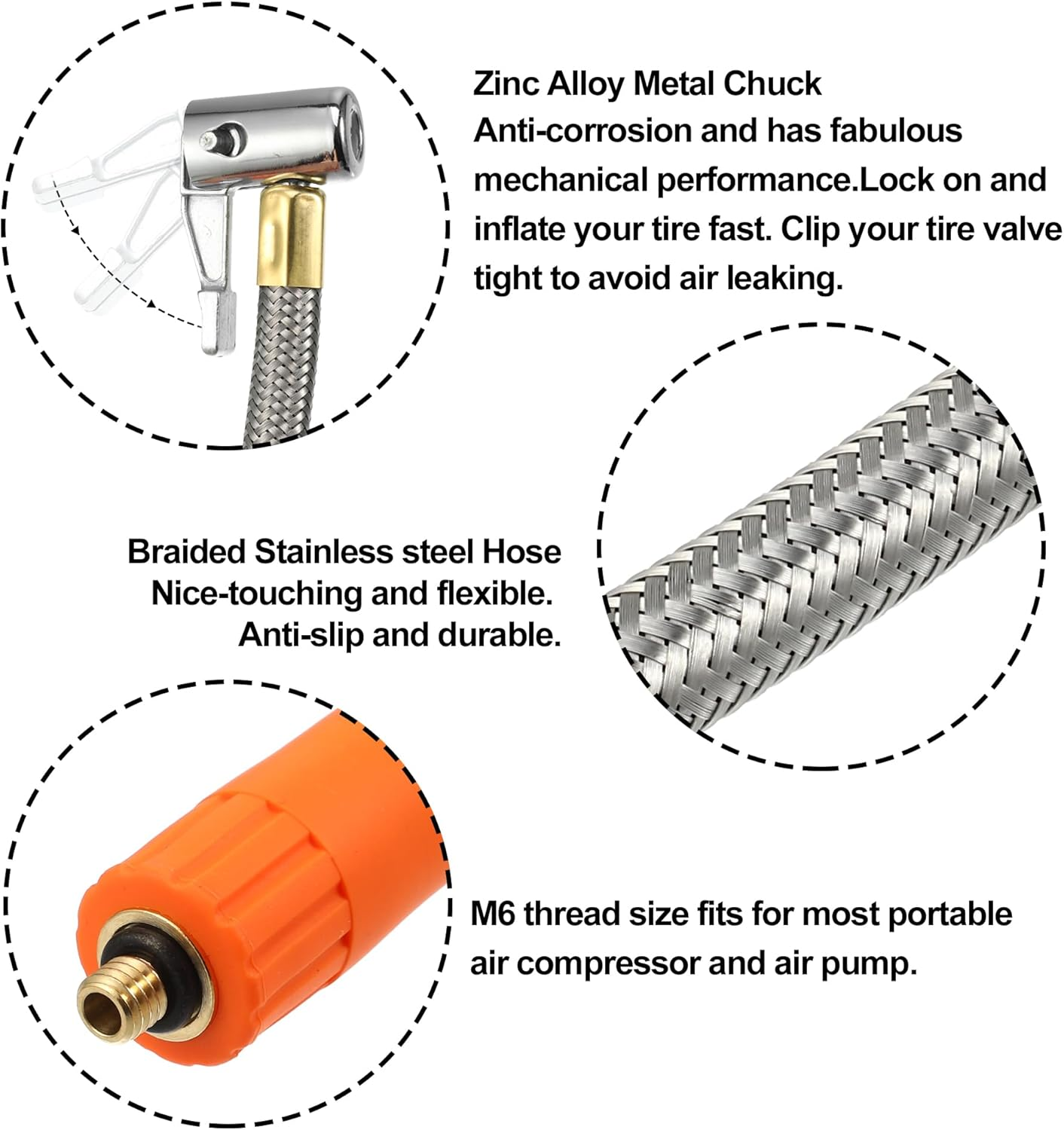 X AUTOHAUX 1 Pcs 15.8" Flexible Tire Inflator Hose Adapter M6 Thread Size Air Chuck with Hose for Standard Tire Valve Fine Thread without Air Release Valve for Car image number 3