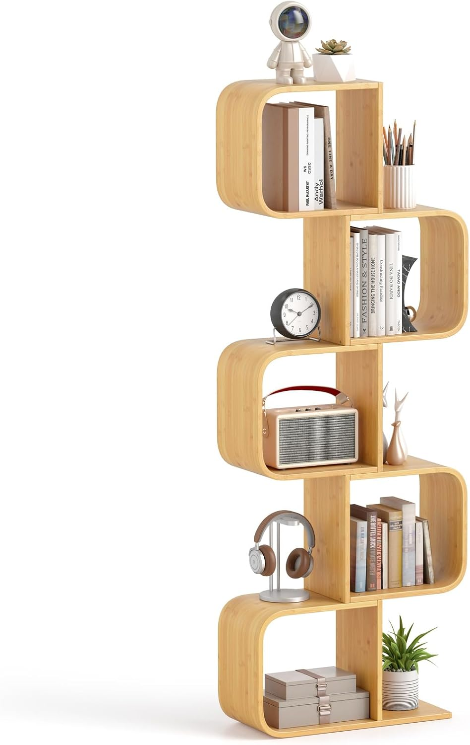 Giantex 5-Tier S-Shaped Bookcase, Bamboo Bookshelf with 5 Open Cubes, Geometric Corner Display Shelf, Decorative Storage Organizer, Floor Storage Rack for Living Room, Study, Home Office, Natural image number 4