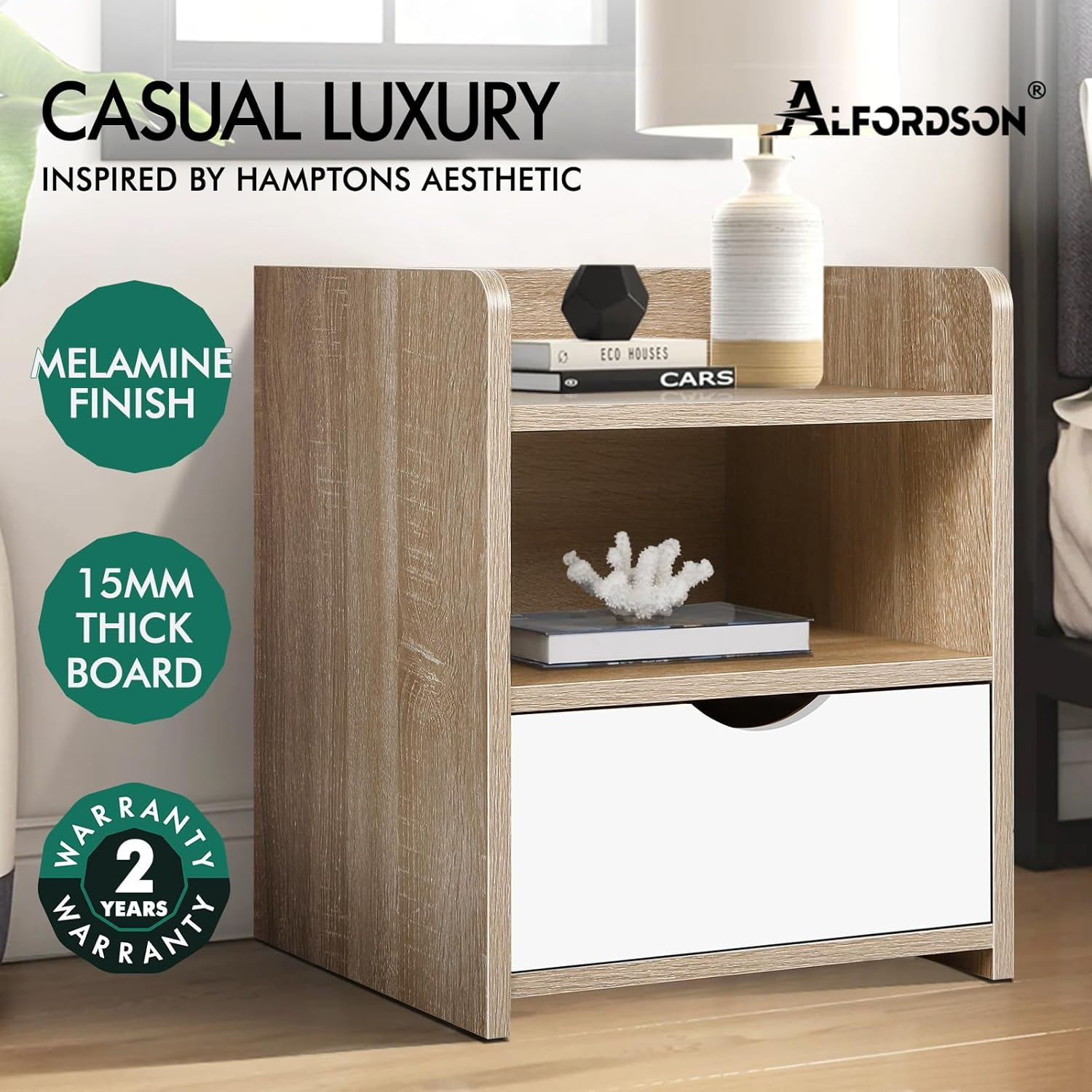 ALFORDSON Hamptons Bedside Table, 37.5Wx 34Dx 45Hcm, Bedroom Nightstand Cabinet, Wooden Sofa Side Chest End Table with Ample Drawer, Open Shelf, Hallway, Living Room Storage Furniture, Wood White - 1 Drawer-Shelves-Black-Air Gap Handle image number 2