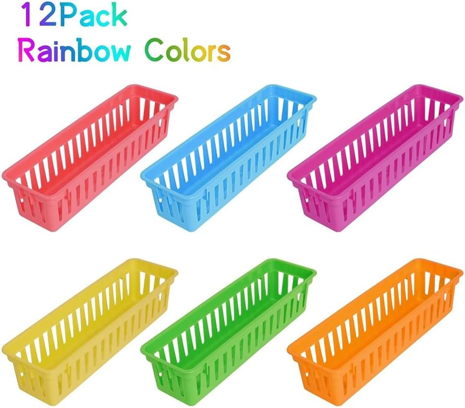 Veumoie 12 Pack Pencil Organizer Basket Trays, Rainbow Colors Desk Storage for Kids, Classroom Supply Holders for School image number 3