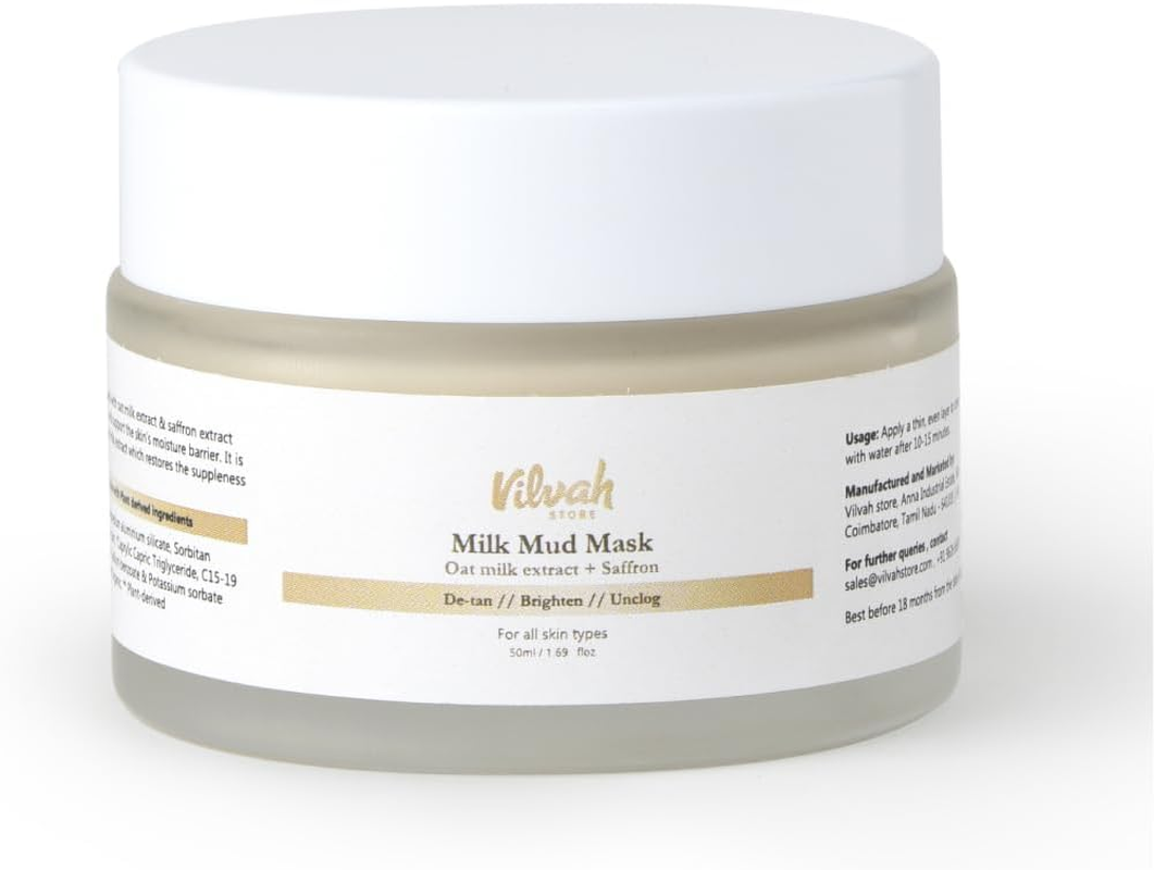 Vilvah Store Milk Mud Mask, De-Tan Pack, with Oat Milk, Saffron Extract and Kaolin Clay, Brightening and Tan Removal Cream, Sulphate Free, for All Skin Types, for Men & Women, 50Ml image number 4