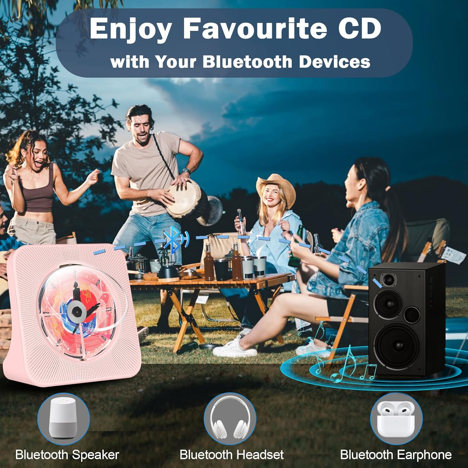 Portable Bluetooth CD Player Timer, Desktop Cd-Player Built-In Dual Hifi Sound Speakers, Kpop Players with Bluetooth Receive, Compact Music Player with Remote Control, Support USB, AUX Port, FM Radio image number 3