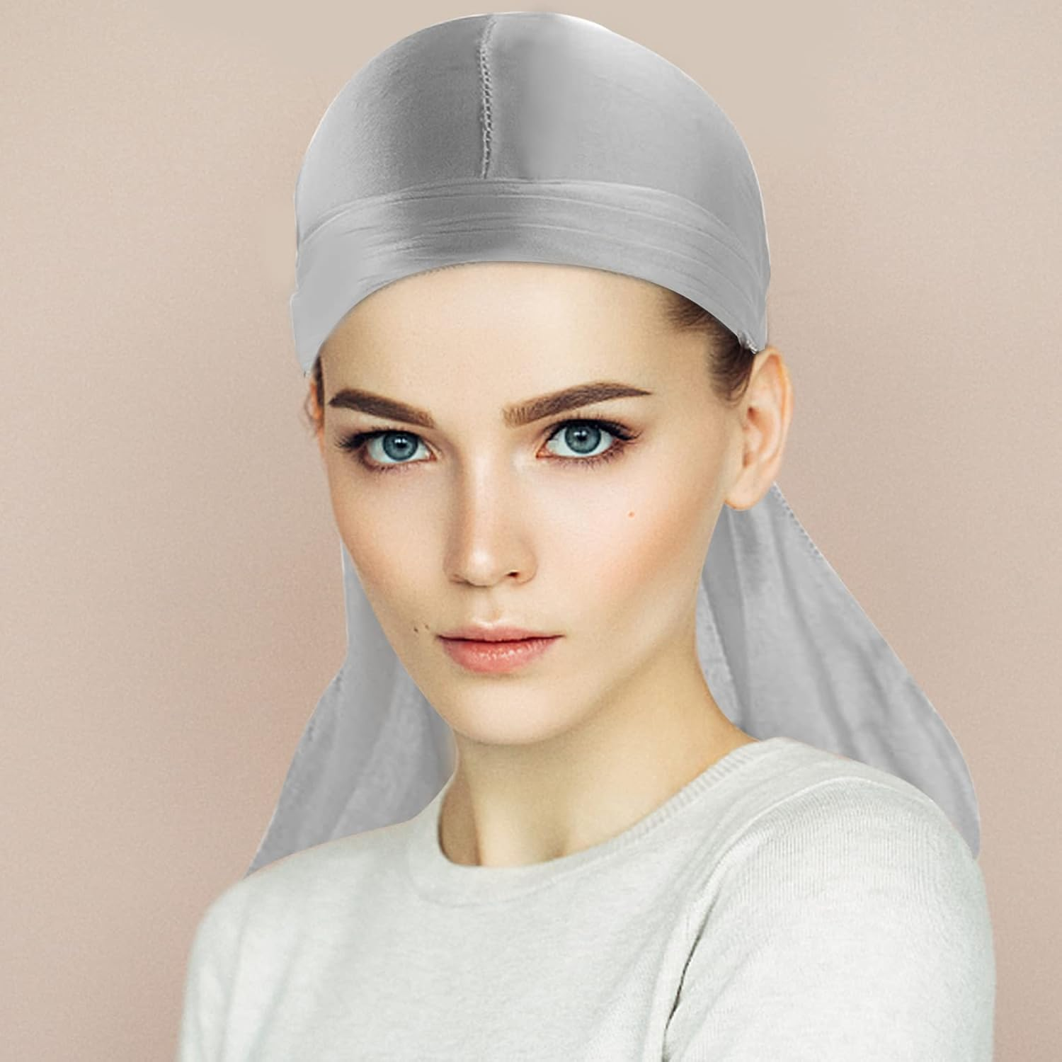 2 Pieces Long Tail Durag, Unisex Silk Durag 360 Waves Headwraps Wide Straps Pirate Hair Loss Chemo Cap Bandana Turban Hat for Women and Men Hip-Hop - Black+Grey image number 4