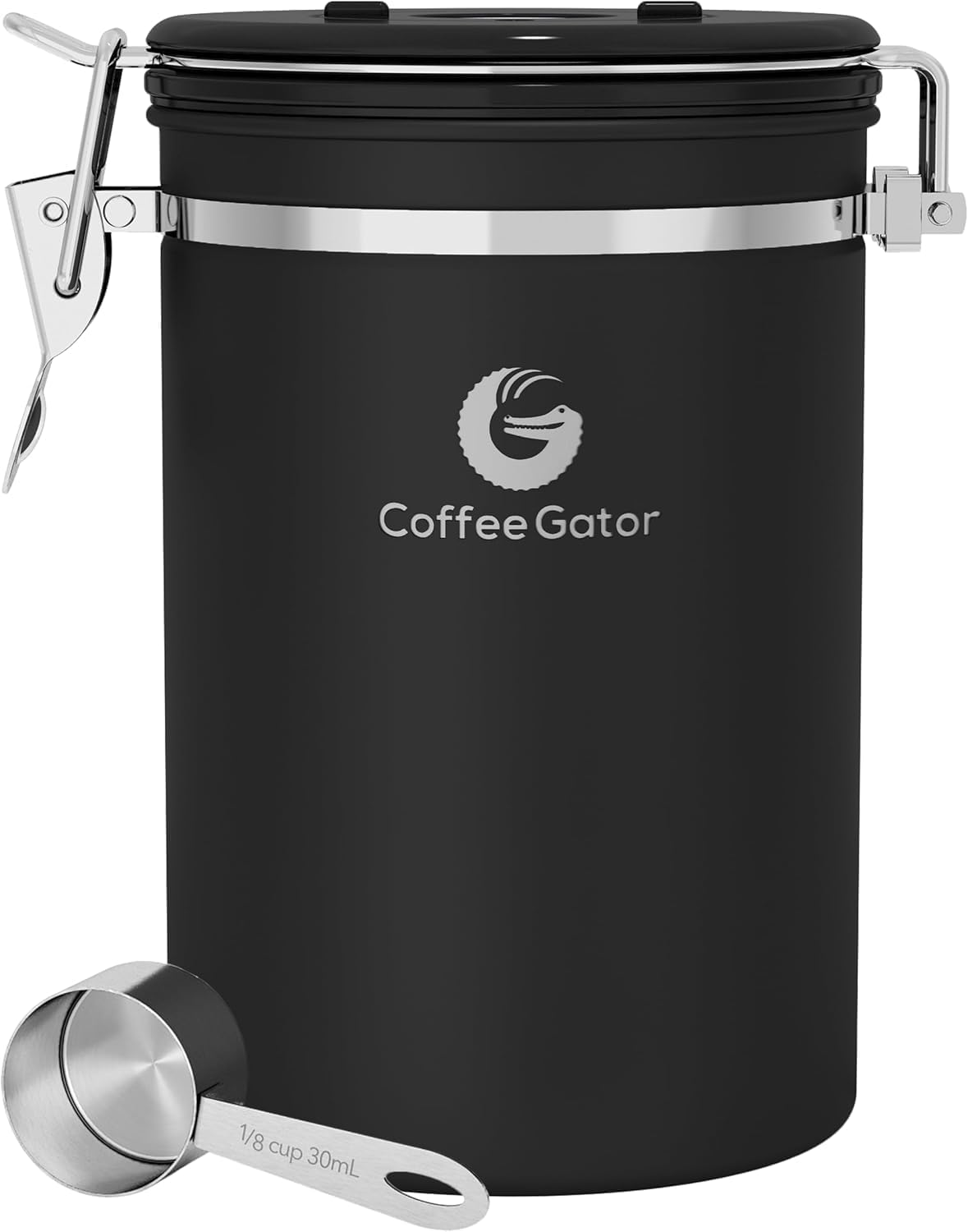 Coffee Gator Coffee Canister, 22Oz Airtight Stainless Steel Kitchen Food Storage Container with Date Tracker, Valve, Scoop for Sugar, Grounds, Beans, Tea, Sugar, Cereal, Flour, Cookies Jars - Black image number 6