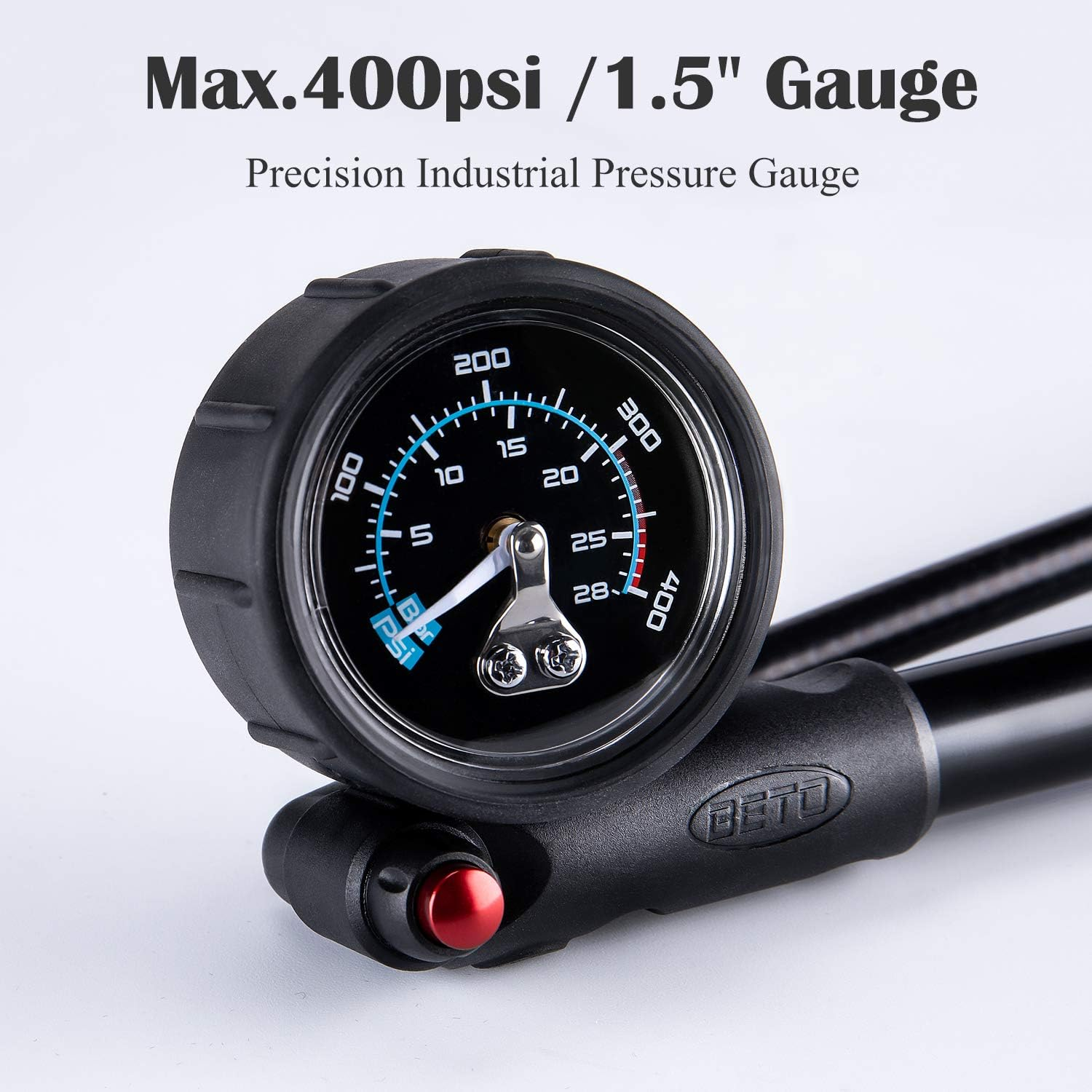 BETO High Pressure Shock Pump - (400 PSI Max) MTB Bike Shock Pump for Fork & Rear Suspension with No-Loss Schrader Valve image number 3