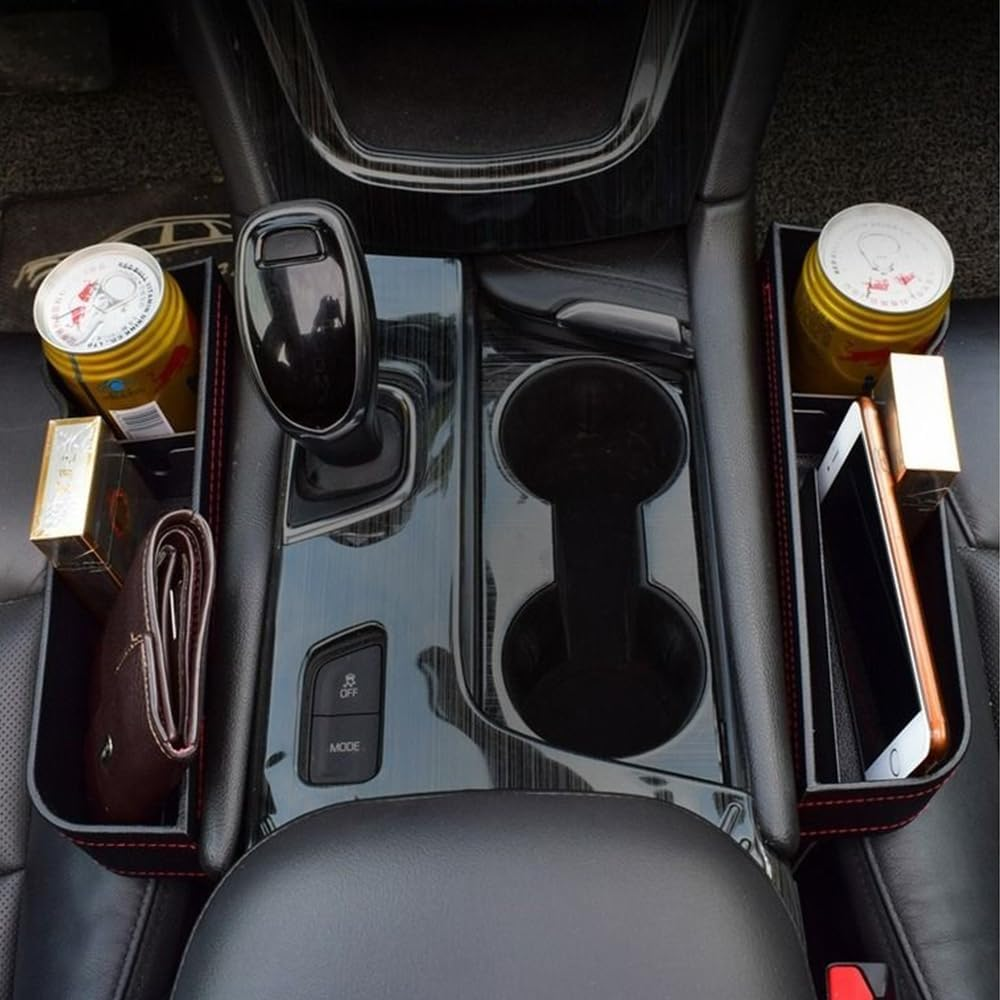 2 Pack Car Seat Gap Filler Organizer with Cup Holders &ndash; PU Leather Car Seat Side Console Storage Box for Phone, Keys, Drinks &ndash; Front Seat Organizer for Driver & Passenger image number 1