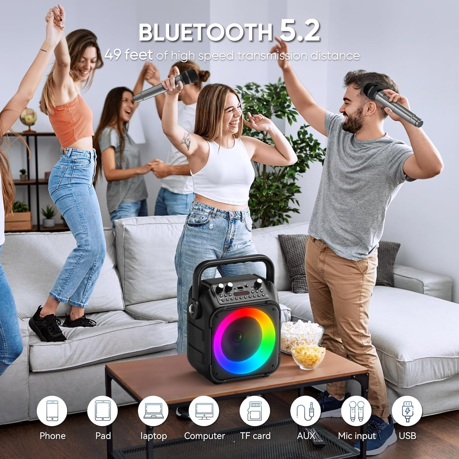 Karaoke Machine with 2 Wireless Microphones, Portable Bluetooth Speaker for Adults & Kids with Lights, Karaoke Microphone with PA System Supports Usb/Tf/Rec/Fm/Aux,Christmas Birthday Gifts for Party