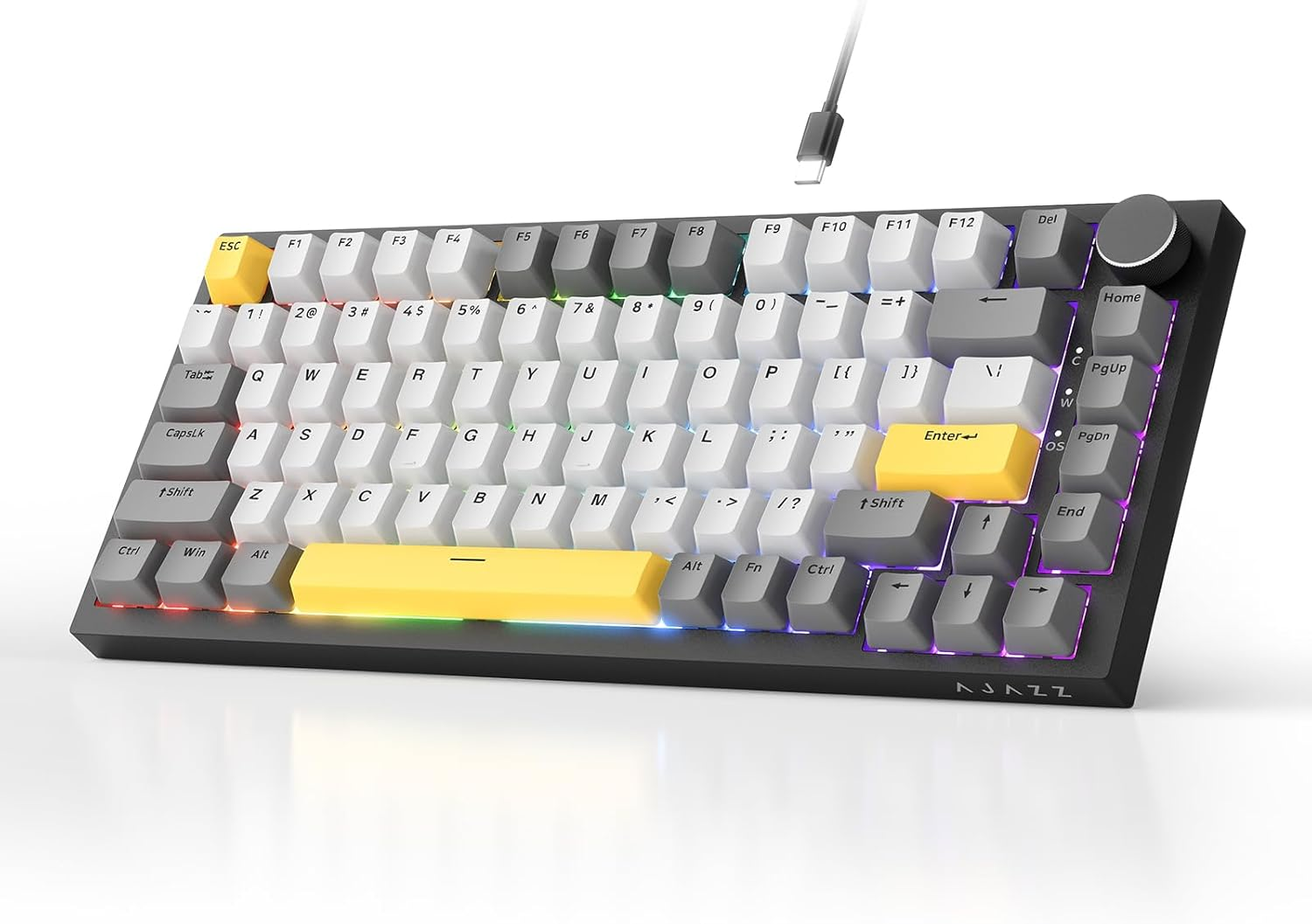 AJAZZ AK820 75% Wired RGB Gasket Mechanical Keyboard with Volume Knob, South Facing LED, 82 Keys, PBT Keycaps, Custom Programmable Hot-Swap Keyboard, Grey White Yellow