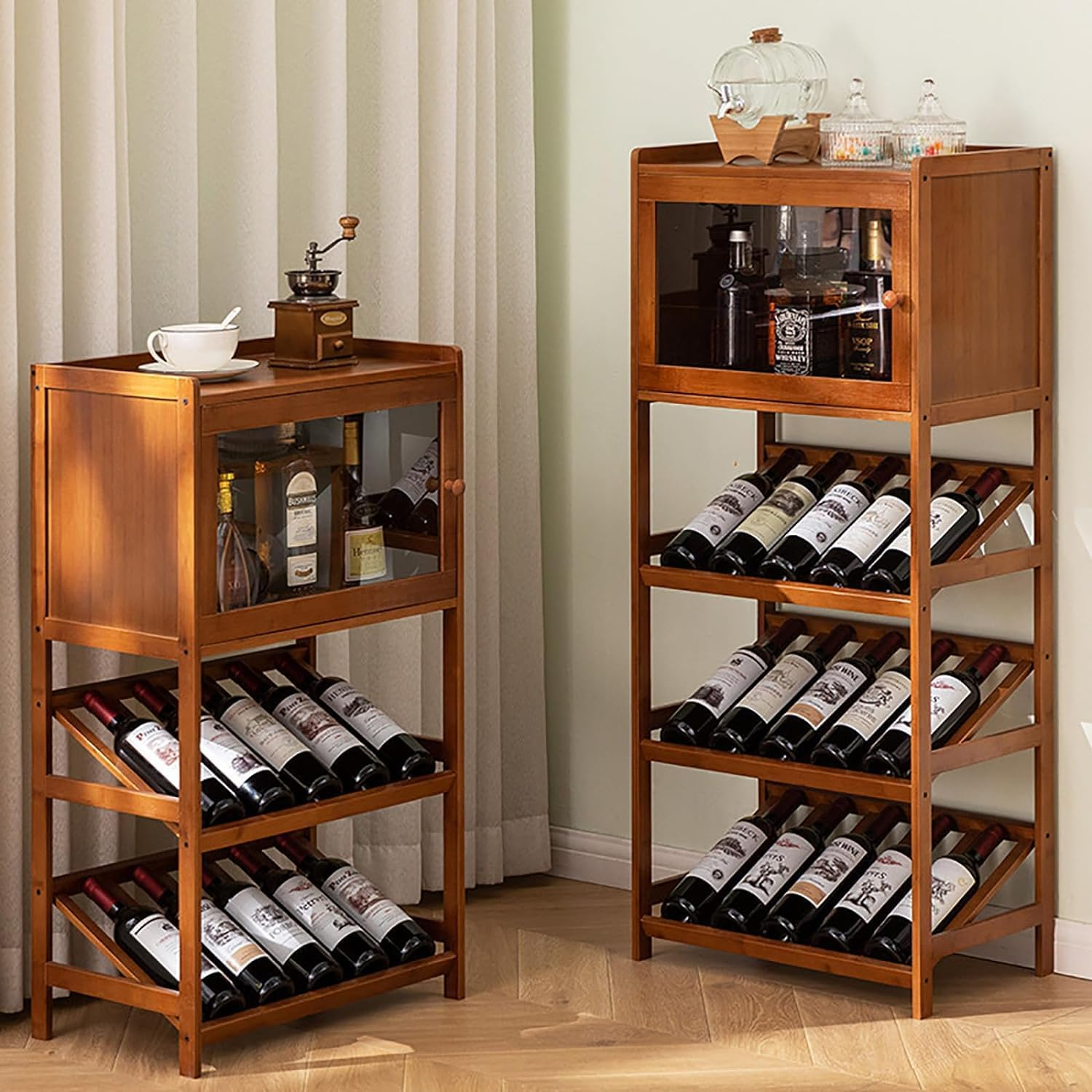 MOMOGEE Bamboo Wine Rack Cabinet 10 Bottles Freestanding Wine Glass Champagne Holder with Door Liquor Storage Display Stand for Living Room Bar Kitchen image number 3