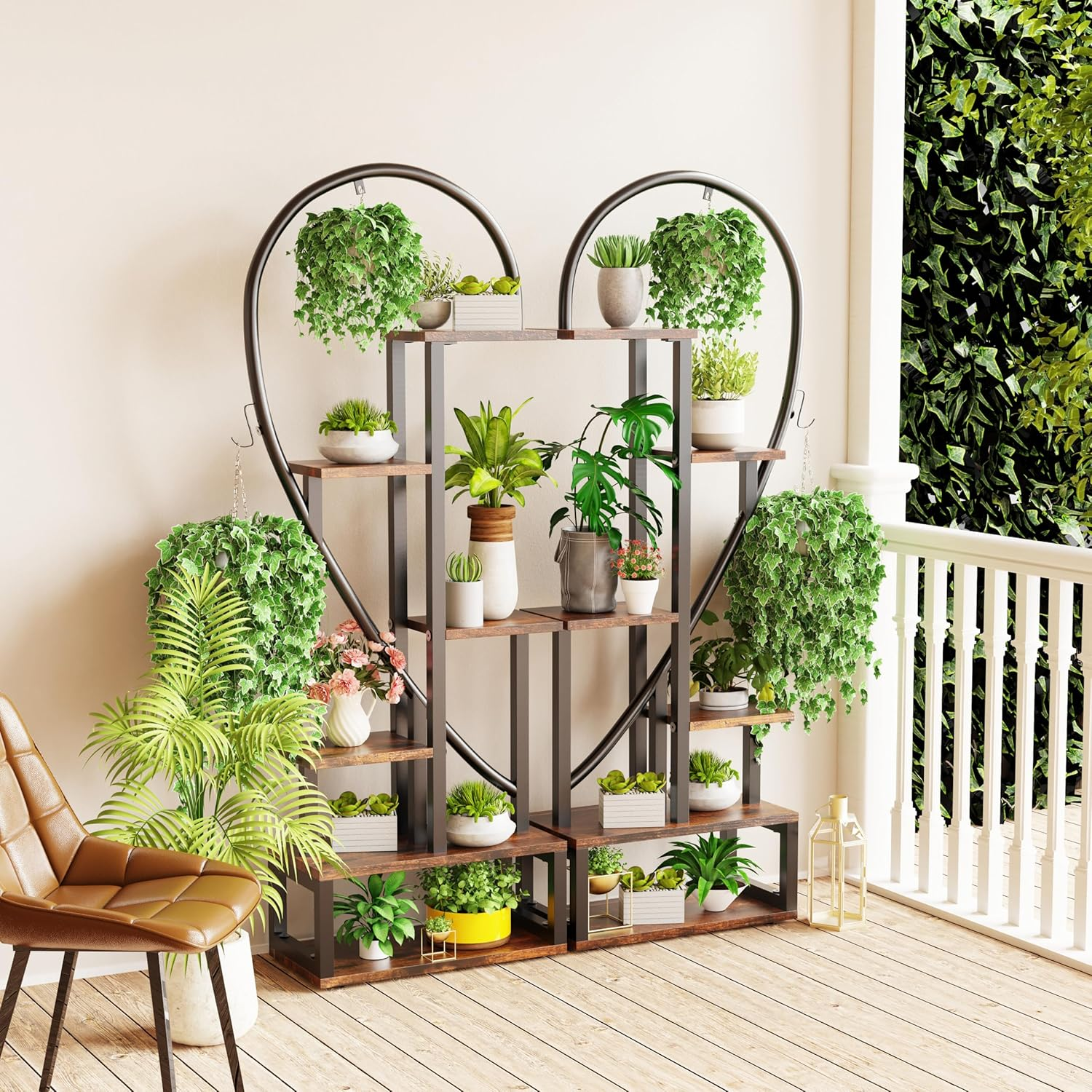6-Tier Indoor Plant Stand: Tall Wood and Metal Plant Shelf Storage Large Flower Pots Display Ladder Rack Multi-Purpose Storage Unite Shelf for Garden Balcony Living Room Heart Shaped image number 4