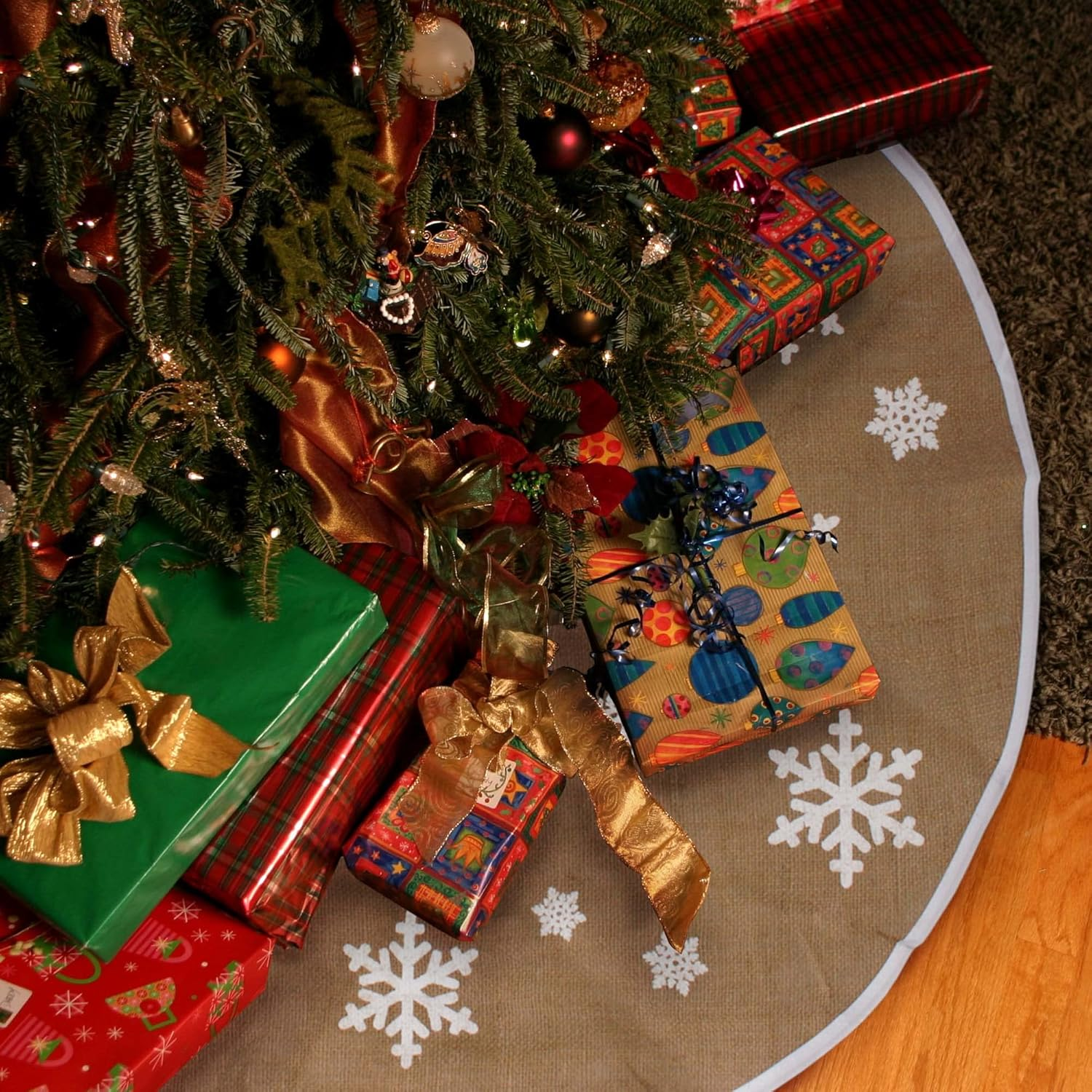 Bamboomn 31" round Christmas Tree Skirt Floor Base Cover Decoration Holiday Collection Jute Burlap, Snowflake Edition 1 Piece image number 6