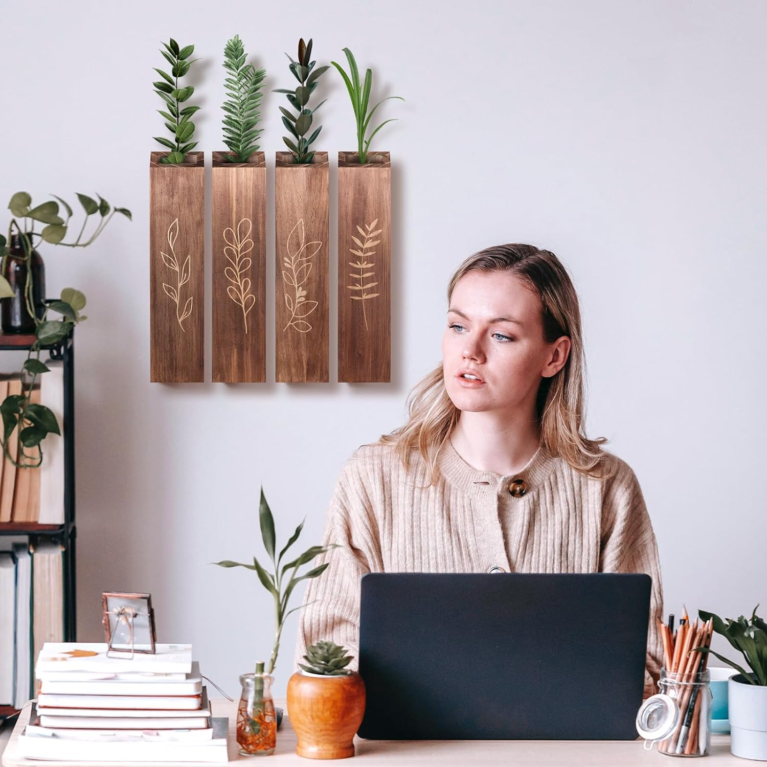 4 Pack Wood Indoor Wall Planter, Modern Boho Wall Decor for Living Room Bedroom, Farmhouse Pocket Vases for Dried Flowers and Faux Greenery Plants - Brown image number 1