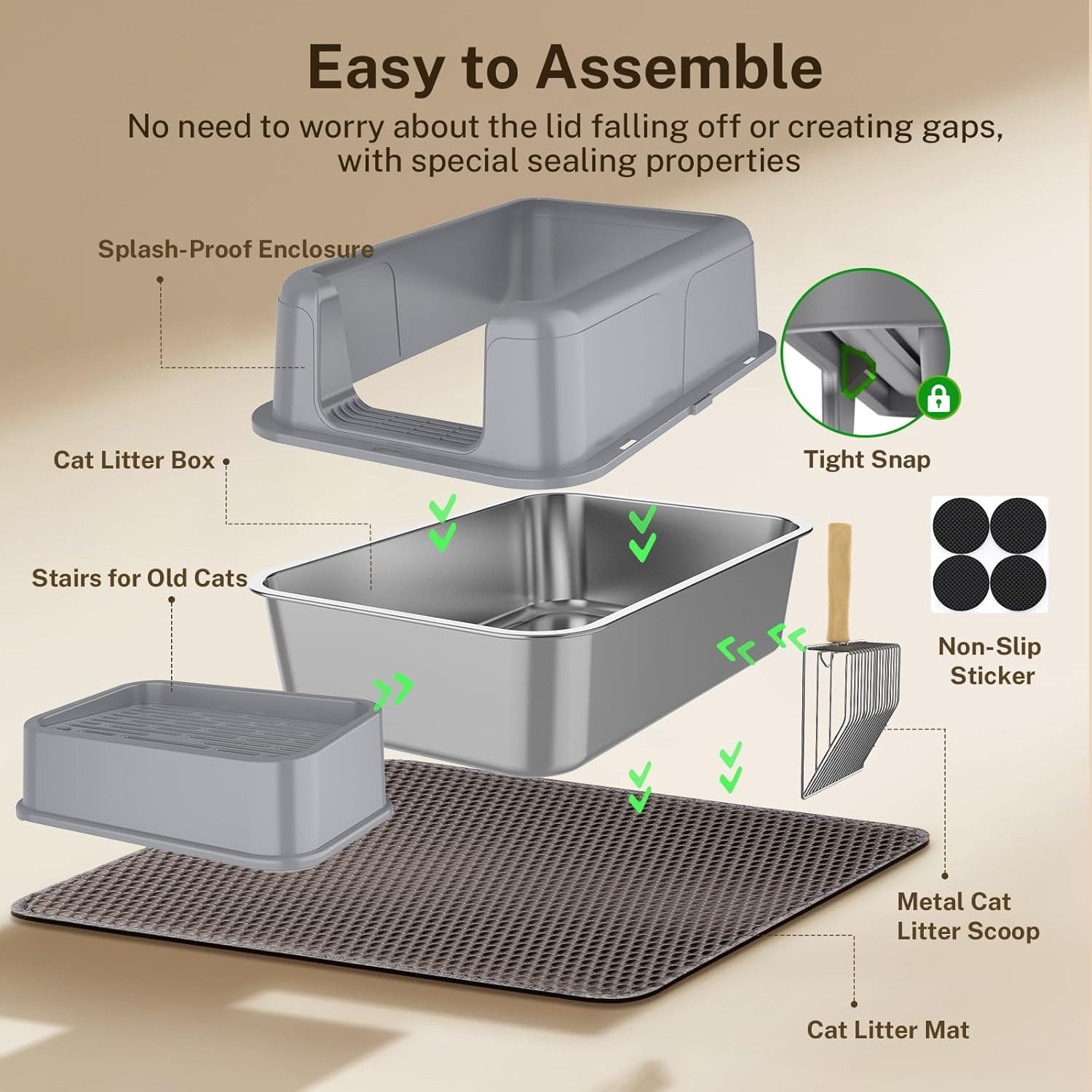 PKBD XL Stainless Steel Cat Litter Box with Removable Lid, Extra Large Cat Litter Box for Big Cats, High Sided 304 Metal Pan, anti Leakage, Odor-Free & Easy Cleaning,Included Scoop and Mat (Grey) image number 4