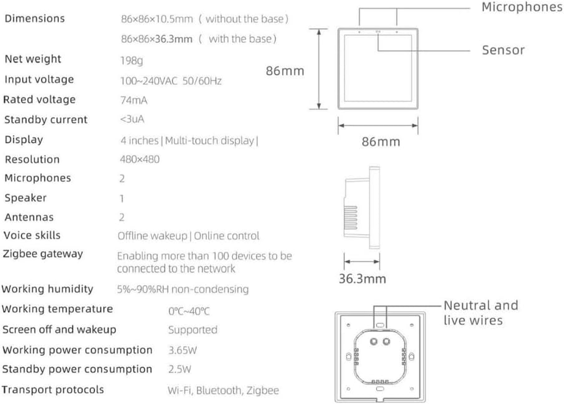 Smart Home Control Panel W/Alexa, Wifi, Zigbee, Bluetooth, 4" Touch Screen image number 1