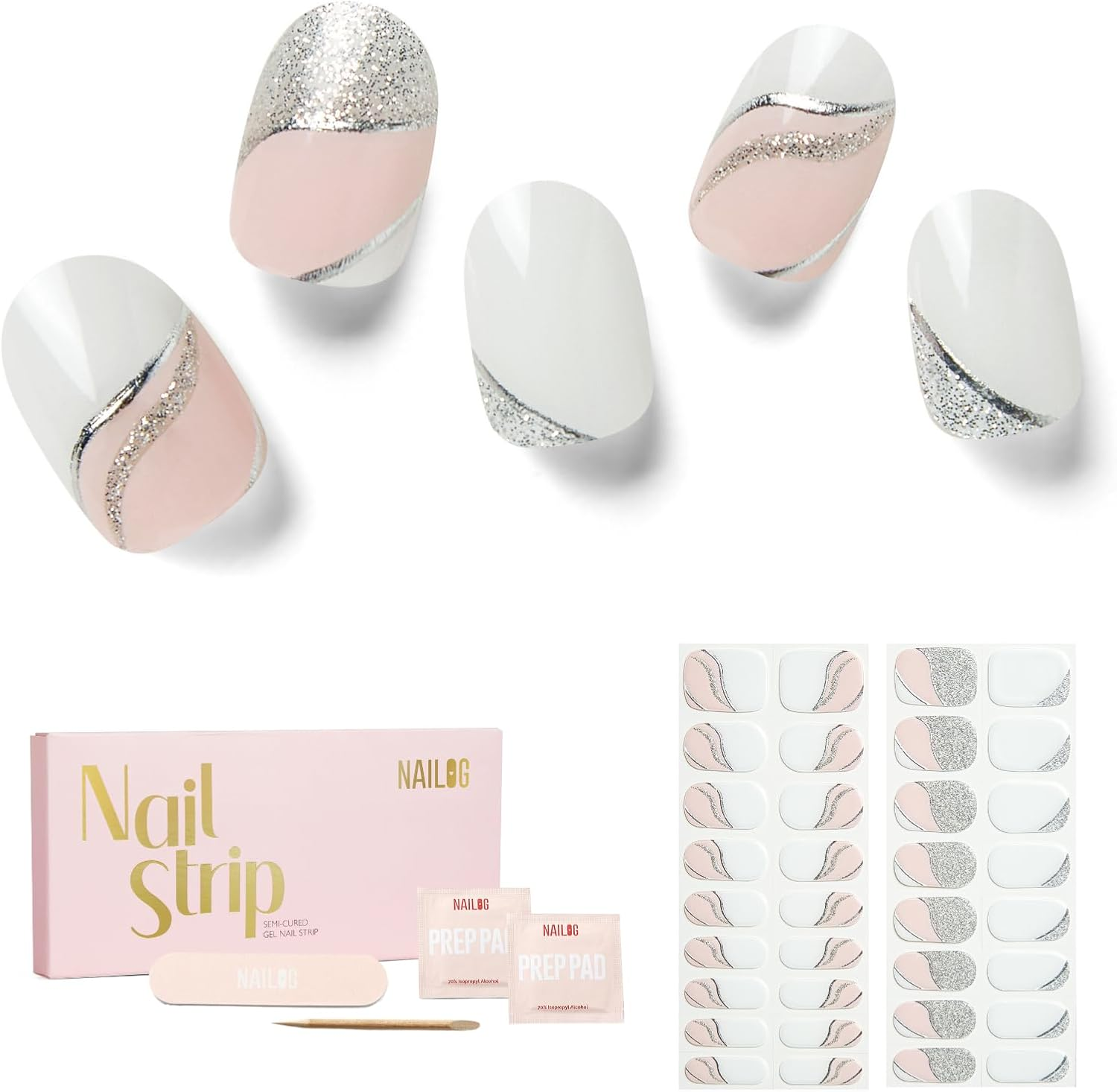 NAILOG Semi Cured Gel Nail Strips, 34Pcs Salon-Quality Gel Nail Stickers, Long Lasting Nail Wraps for Women, Twilight