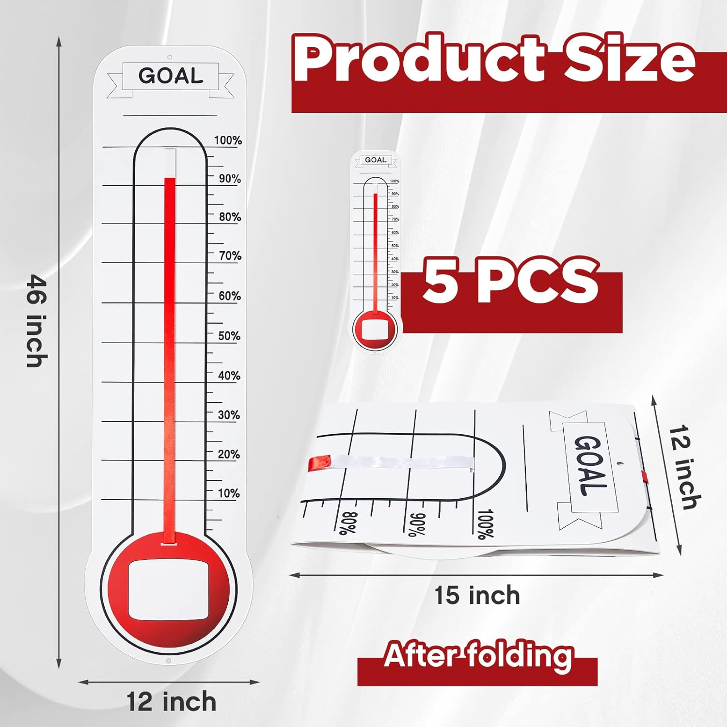 5 Pcs Goal Chart Fundraising Thermometer Goal Setter Board Goal Tracker Giant Goal Chart Goal Tracker Dry Erase Goal Setting Wall Mounted Thermometer with Pull through Ribbon, 46 X 12 Inches image number 3