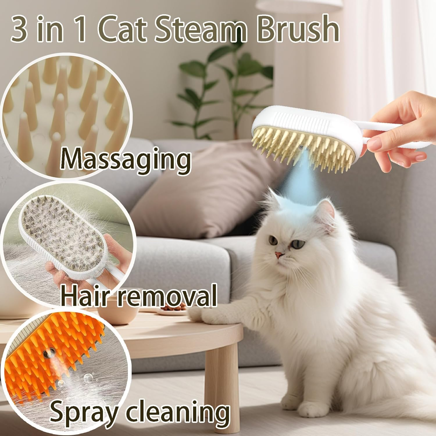 Cloud Care Cat Steam Brush - Self Cleaning Spritz Defur Comb Grooming Brush for Long & Short Hair of Cats & Dogs image number 1