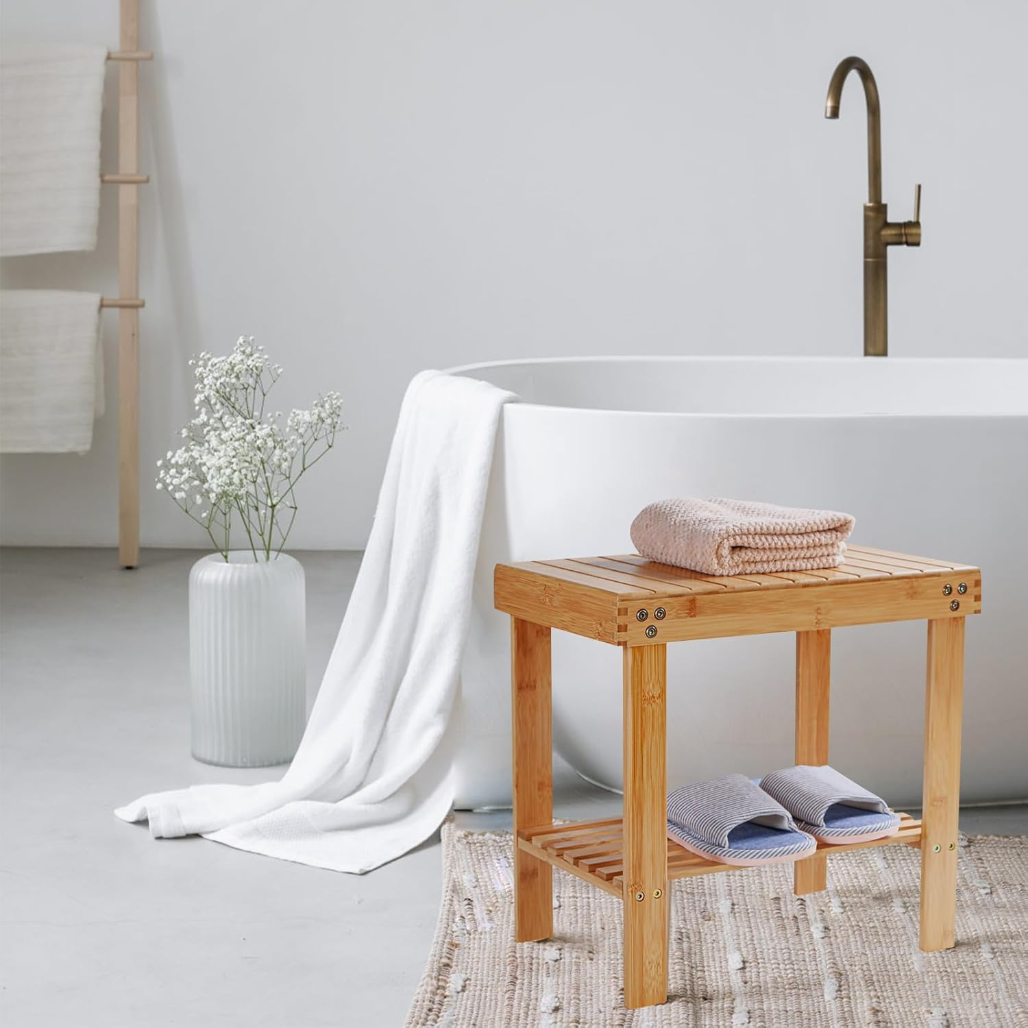 Vaefae Bamboo Spa Bench Wood Seat Stool Foot Rest Shaving Stool with Non-Slip Feets Storage Shelf for Shampoo Towel,Works in Bathroom/Living Room/Bedroom/Garden Leisure image number 2