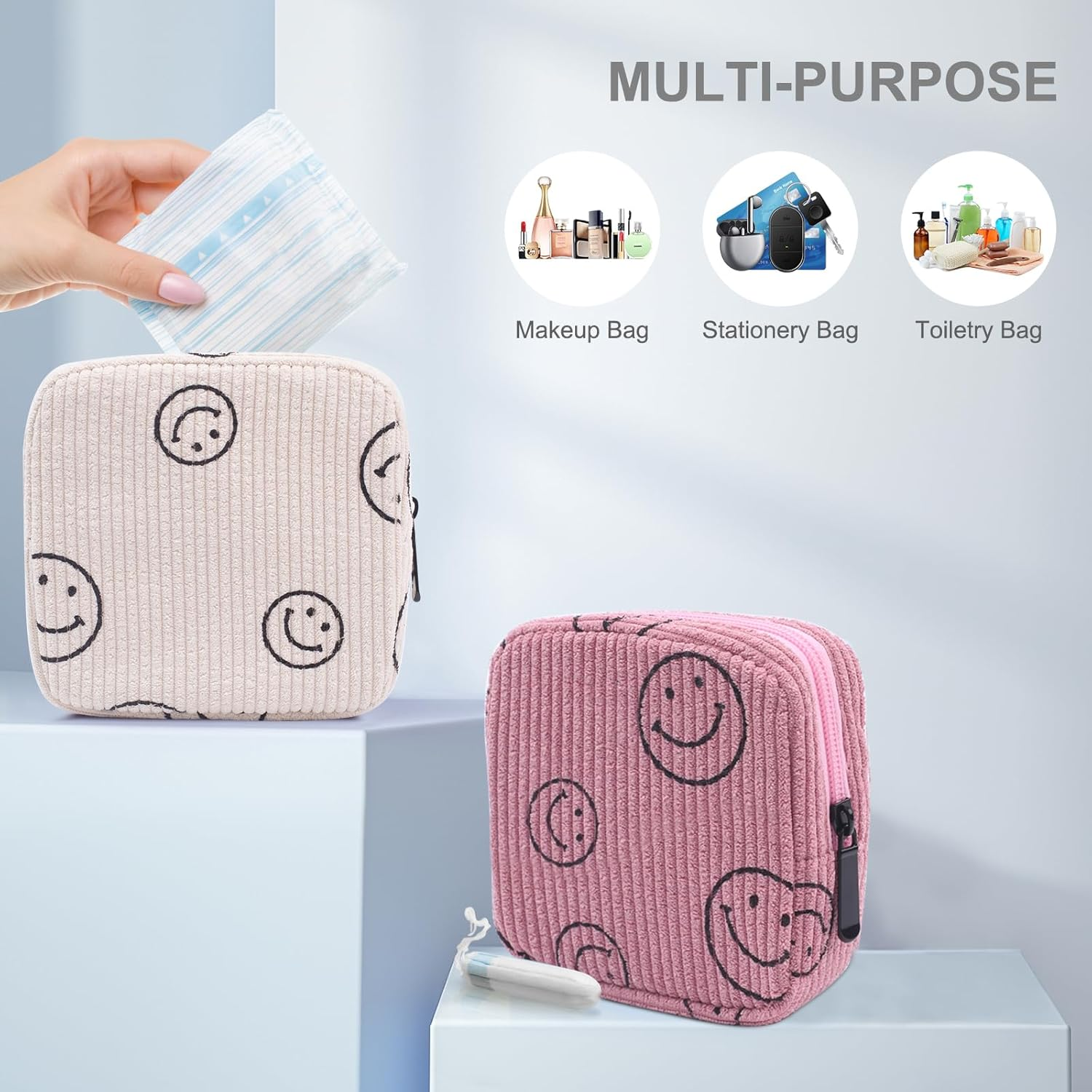 Teircno Sanitary Napkin Storage Bag,Preppy Corduroy Period Bag for Women, Cute Smiley Face,Portable Period Pouch with Zipper, Sanitary Pads Bag Tampons Holder for Purse, First Period - Brown image number 5