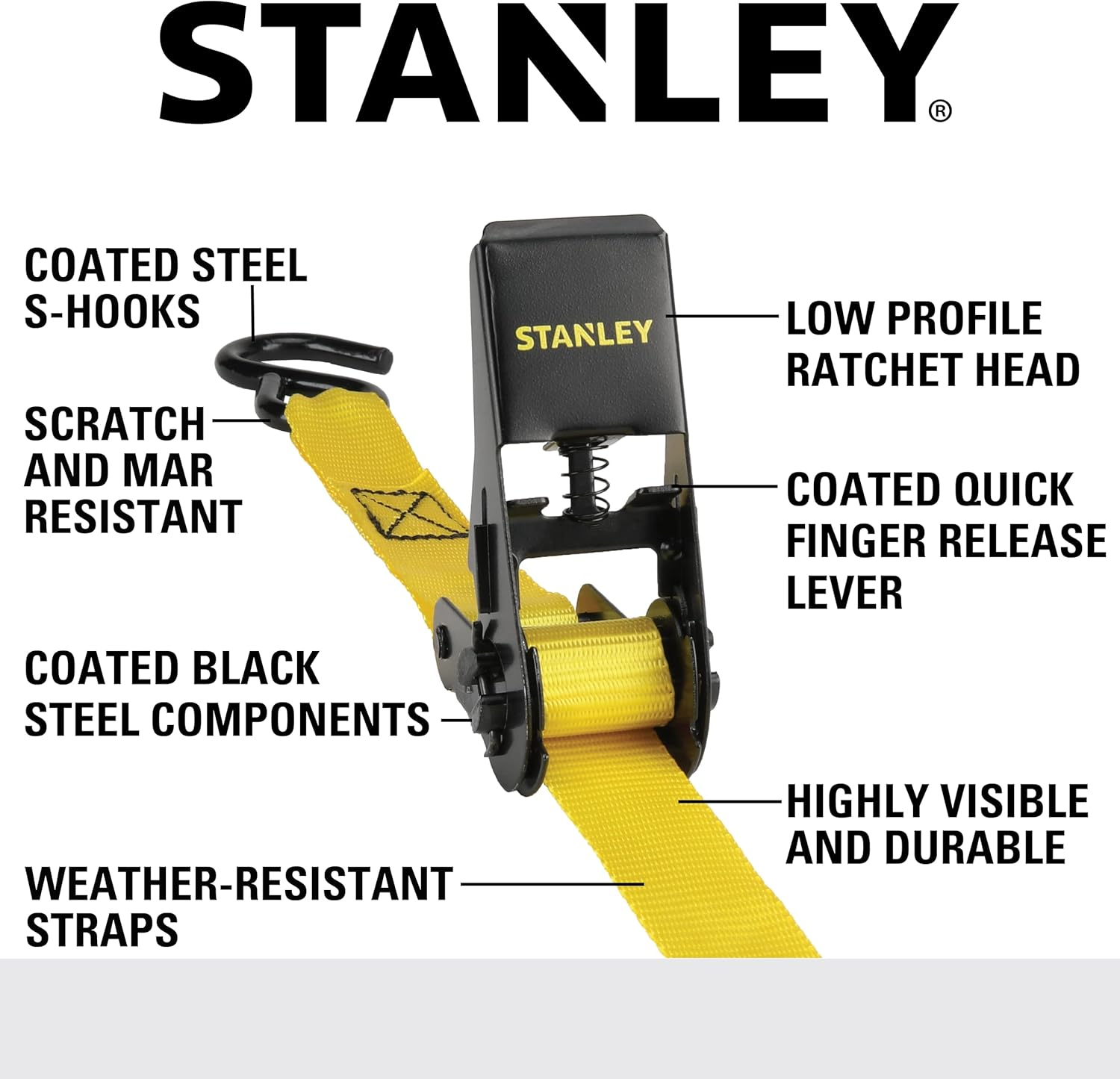 STANLEY S9500 Black/Yellow 1" X 10' Ratchet Straps - Light Cargo (300 Lb Working Load / 900 Lb Break Strength), 4 Pack