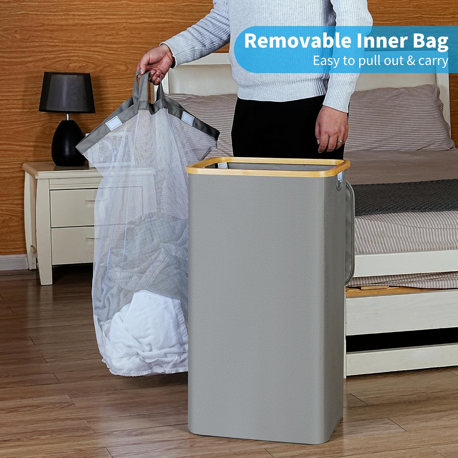 Efluky Laundry Basket with Lid and Removable Bag, 100L Tall Laundry Hamper with Bamboo Handles, Aesthetic Dirty Clothes Bin for Laundry Room, Bathroom, Bedroom and Dorm, Silver Grey image number 2