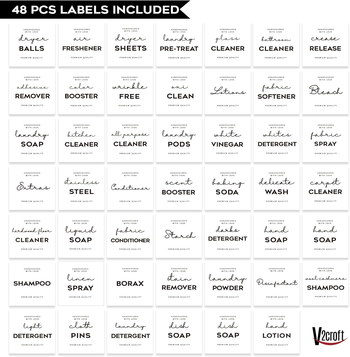 Minimalist Laundry Room Labels Set, V2Croft 48 White Matte Stickers on Clear Canisters, Home Organization Stickers for Cabinet & Drawer, Laundry Room, Linens & Cleaning Supplies(Water Resistant)