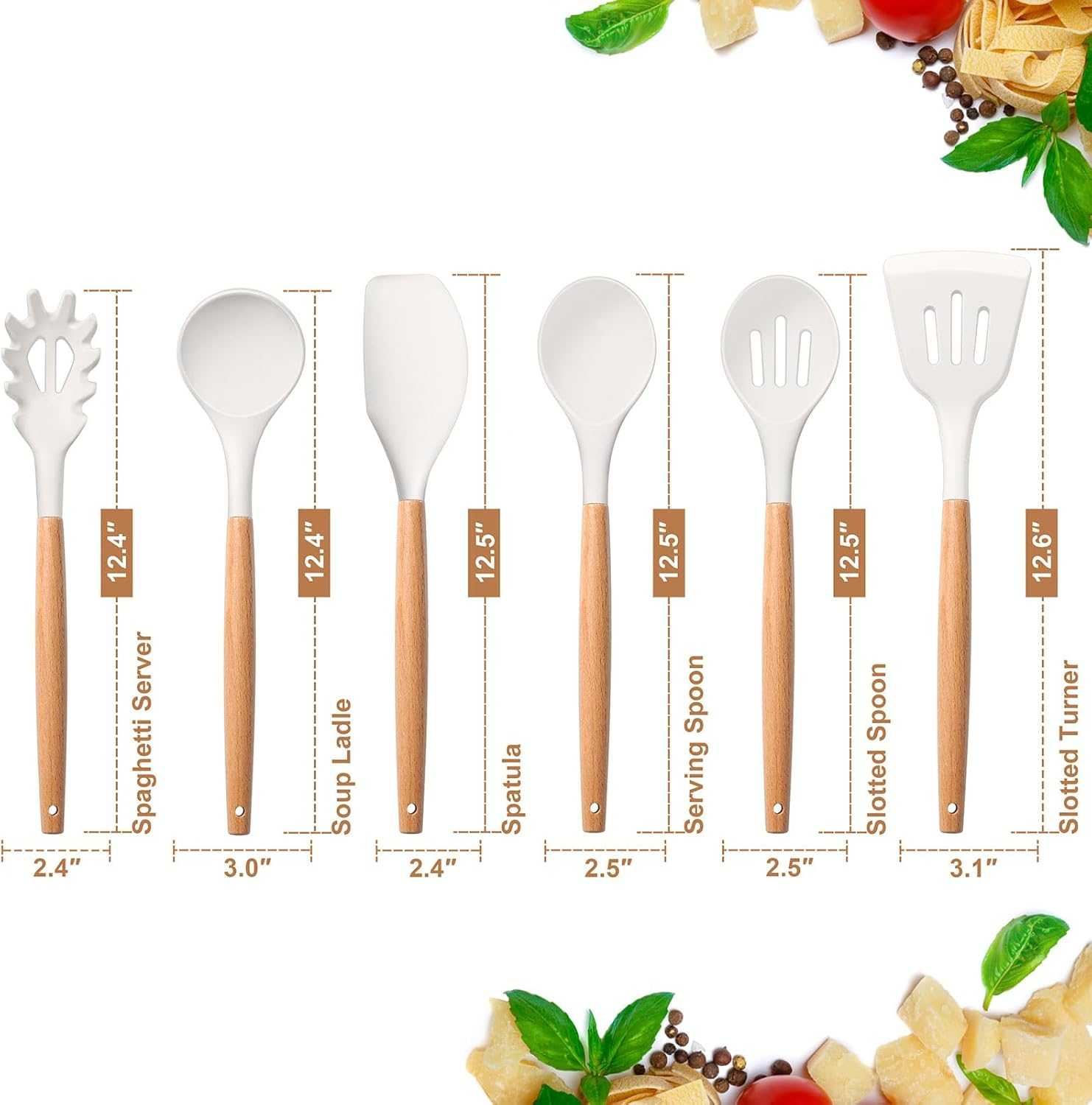 E-Far White Cooking Utensils Set of 6, Silicone Kitchen Utensils with Wooden Handle, Non-Stick Cookware Friendly & Heat Resistant, Includes Spatula/Ladle/Slotted Turner/Serving Spoon/Spaghetti Server image number 4
