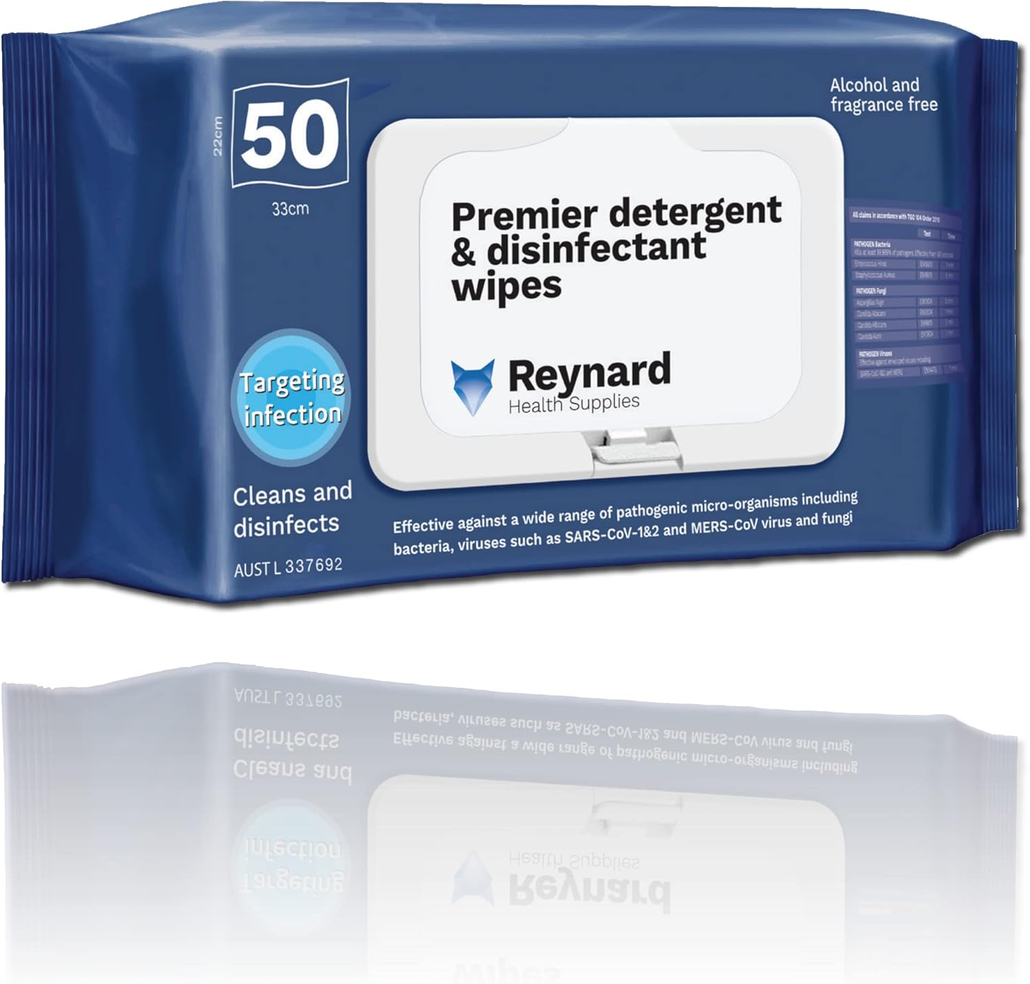 Reynard Health Supplies Premier Detergent & Disinfectant Wipes, Kill Sars-Cov-1&2 in 30 Secs, 33 X 22 Cm, 50 Count (RHS216) image number 1