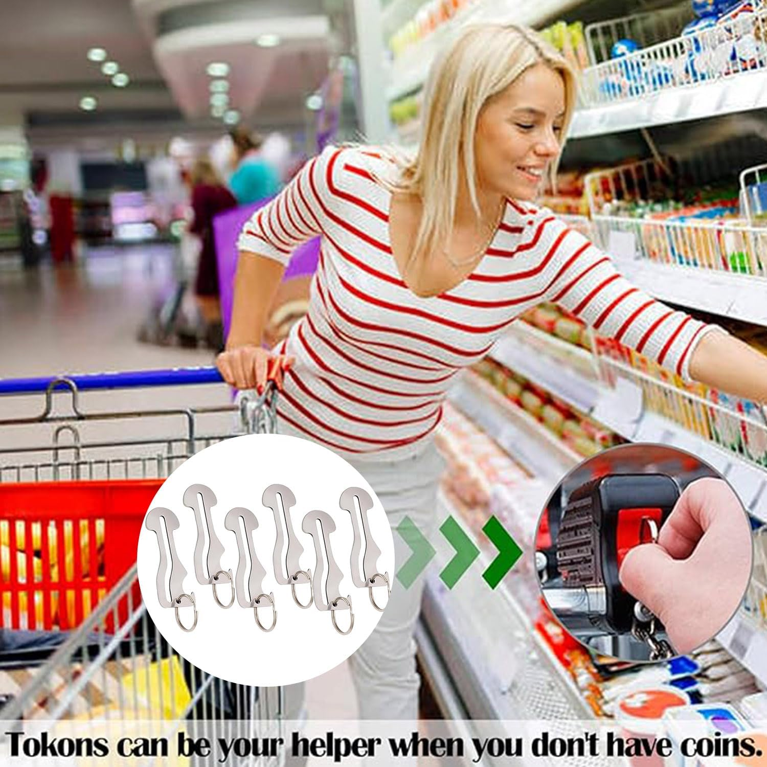 Roczential 6 Pieces Stainless Steel Shopping Cart Tokens and Disassembly Key Ring, Suitable for Supermarket and Convenience Store Unlocking image number 1