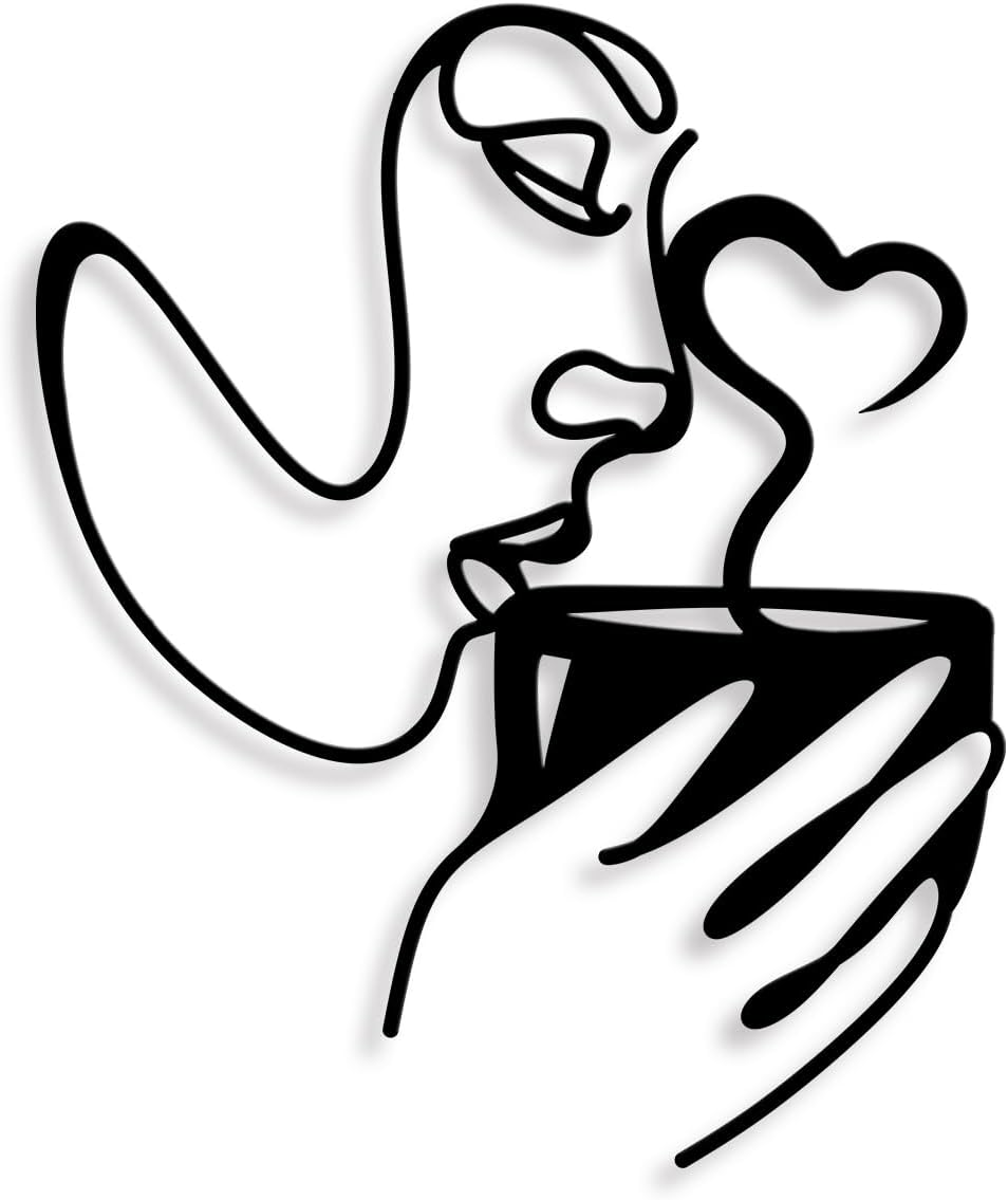 Metal Wall Art Decor - 3D Black Metal Coffee Wall Art Bar Sign Decor, Woman Drinking Coffees Sculptures, Minimalist Wall Art for Kitchen Home Office Living Room Bedroom - Two Cat image number 7