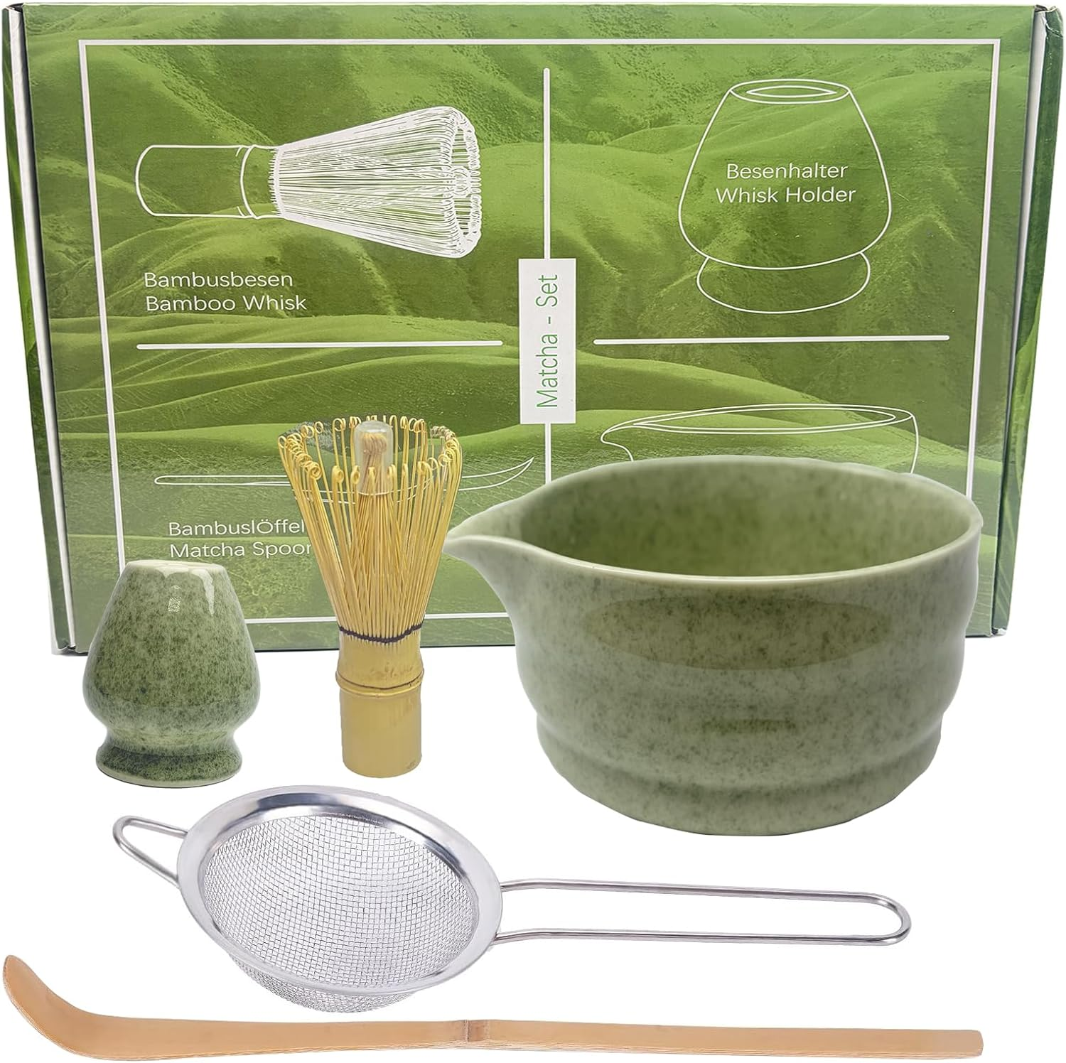 Matcha Whisk Set,5Pcs Household Matcha Kit,Elegant Japanese Matcha Tea Set,Ceramic Matcha Bowl with Spout, Matcha Whisk Holder,Bamboo Whisk, Stainless Sifter & Scoop for Tea Lover-Green