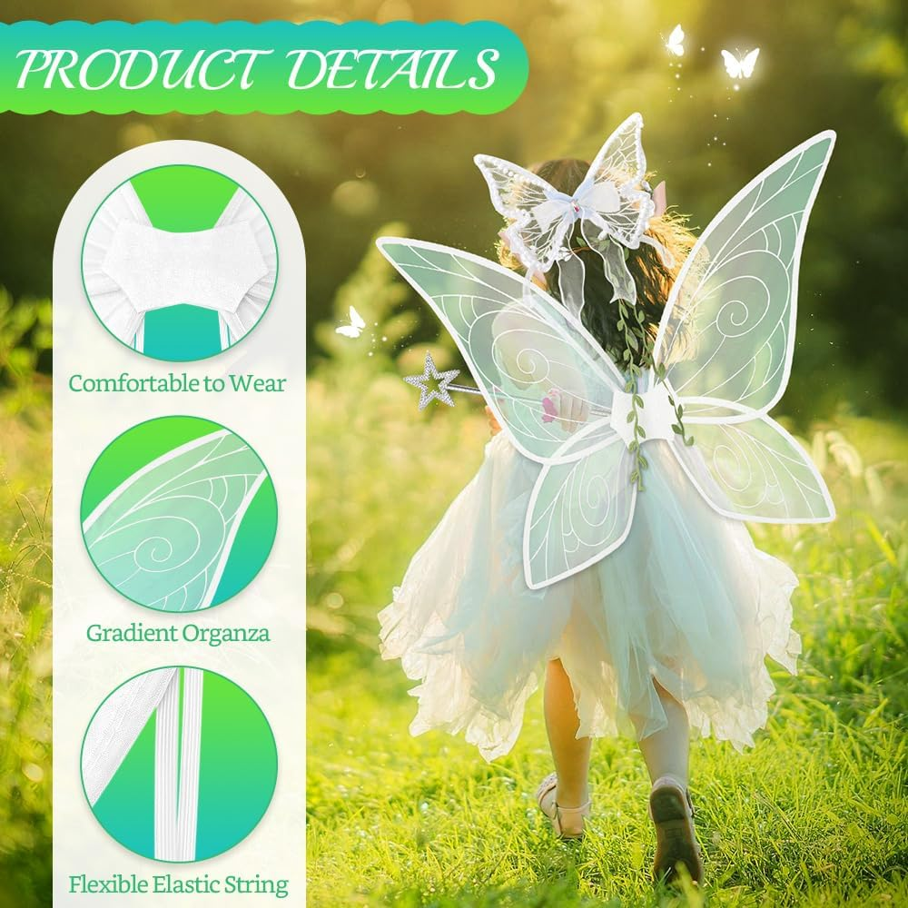 Slowton Fairy Wings Set - 5PCS Butterfly Wings Costume for Adults Girls Women with Angel Butterfly Fairy Ears Floral Crown Halloween Costume Angel Princess Cosplay Role Play Dress up Party image number 3