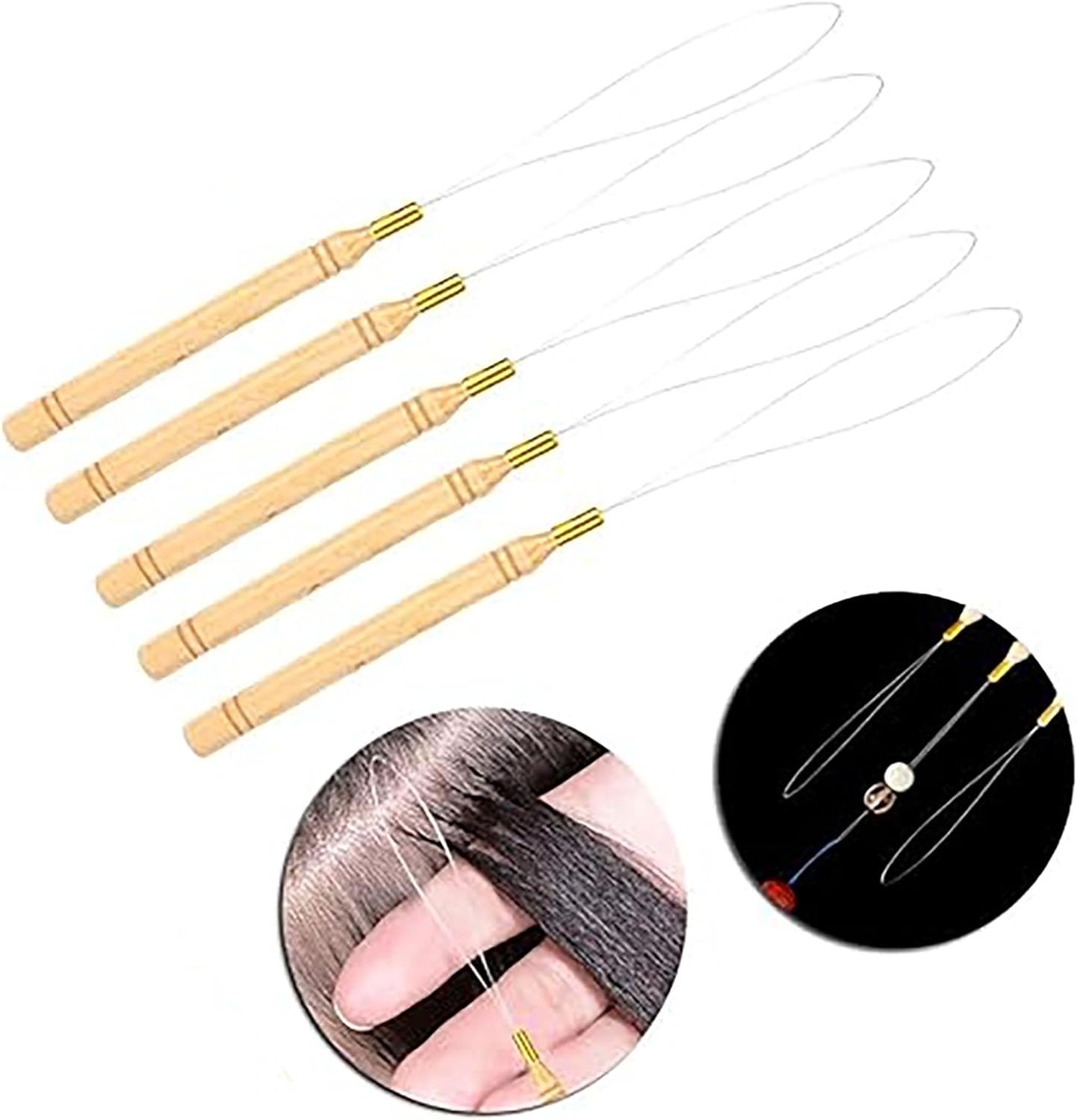 SYGELER 10 Pcs Hair Extension Loop Needle Threader &ndash; Durable Stainless Steel & Wooden Bead Threader Needles for DIY Extensions, Feathers, Micro Links &ndash; Salon & Home Use image number 3