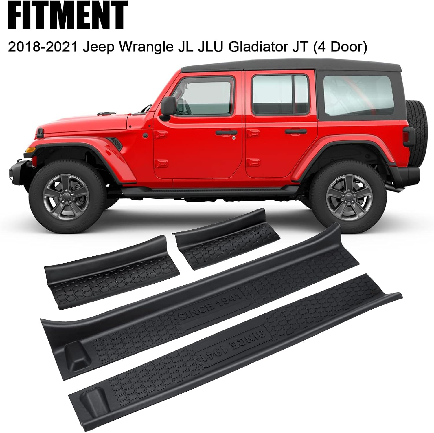 SUPAREE Door Sill Guards Kit Fits JL Wrangler with Logo 1941, Black Rubber Door Entry Guards Fits 2018-2025 Jeep JLU JT 4-Door Accessories Parts Door Sill Guard Protector, 4Pcs/Set image number 6