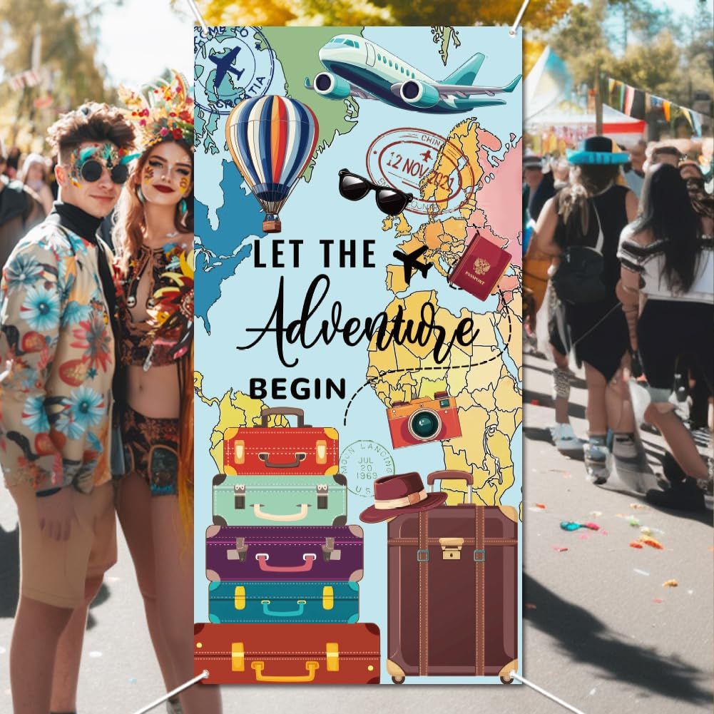 WADORN Let the Adventure Begin Backdrop, Adventure Awaits Birthday Party Banner Decorations Large Fabric Global Travel Photo Booth Banner Map Photography Background for Graduation 35.43X70.87 Inch image number 1