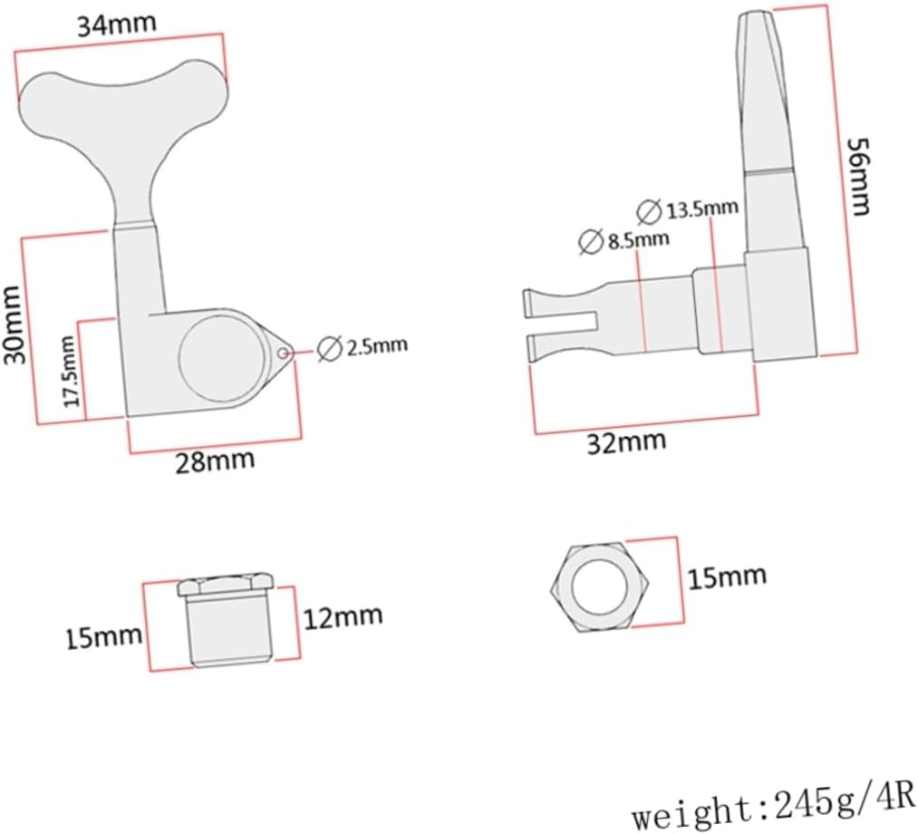 Bass Guitar Tuning Pegs 4R Machine Heads for Electric or Acoustic Guitar with Ferrules Screws Threaded Bushing Plated Metal