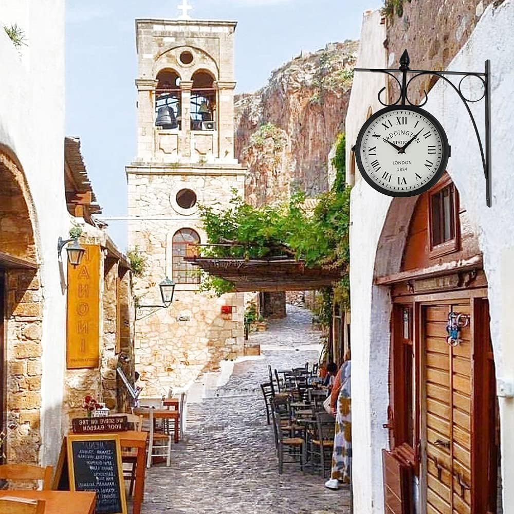 Wrought Iron Antique-Look Brown round Wall Hanging Double Sided Two Faces Retro Station Clock round Chandelier Wall Hanging Clock with Scroll Wall Side Mount Home D&eacute;cor Wall Clock (Black+White) - Copper image number 2