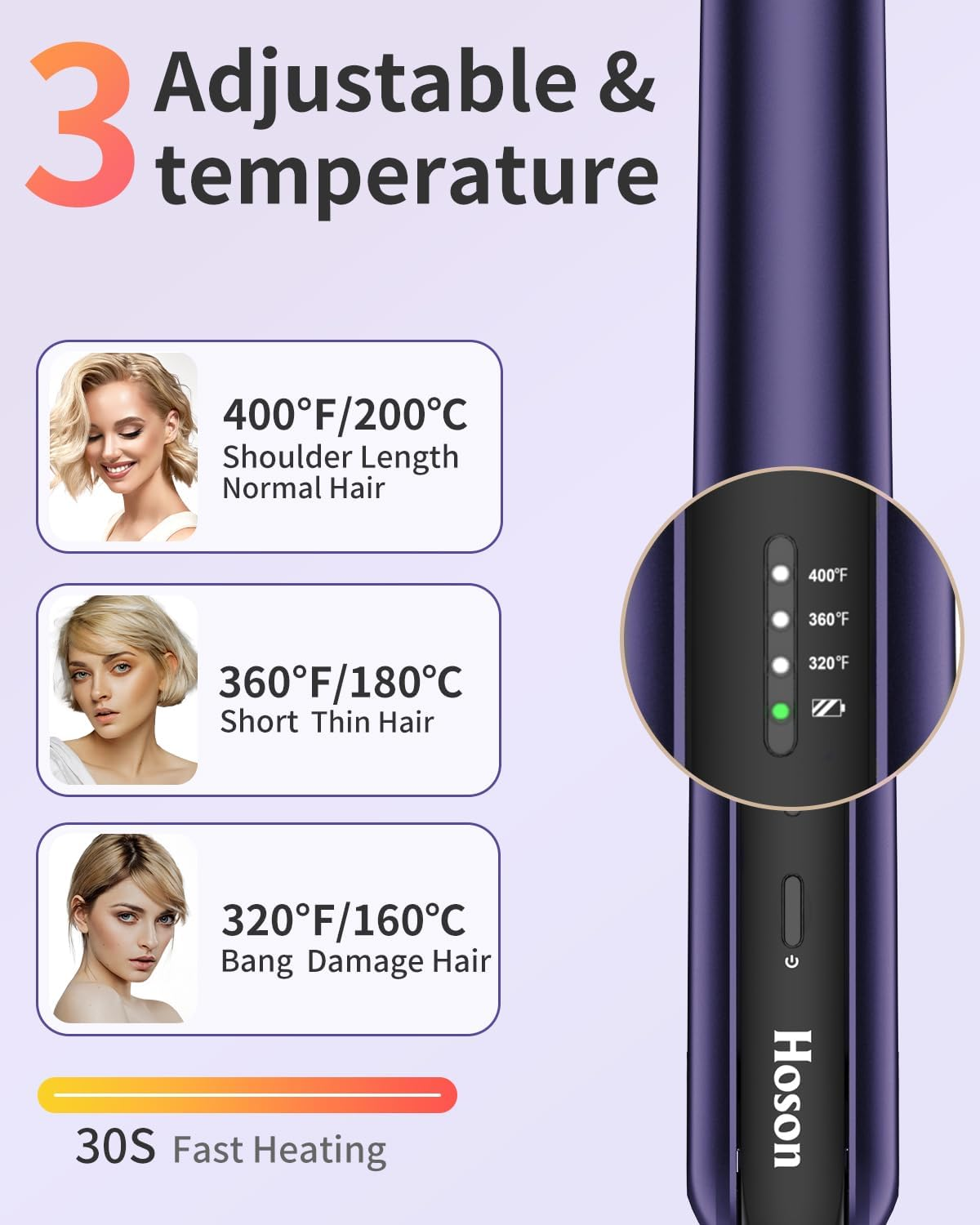 Hoson Cordless Hair Straightener,Portable Mini Flat Iron Travel for Bangs,Short Hair,Usb-C Rechargeable Wireless Curling Iron and Curler 2 in 1,Purple,For Touch Ups