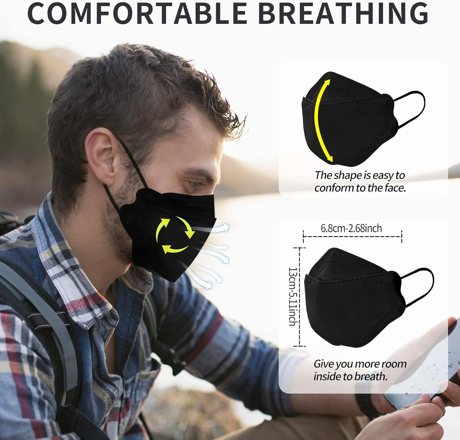 KF Design Mask Black, Adult Sized Mask for Women Men, Comfortable Breathing Mask for Adjustable Snug Fit, 4 Ply Filtering Protective Mask Cover - 10 PCS image number 4