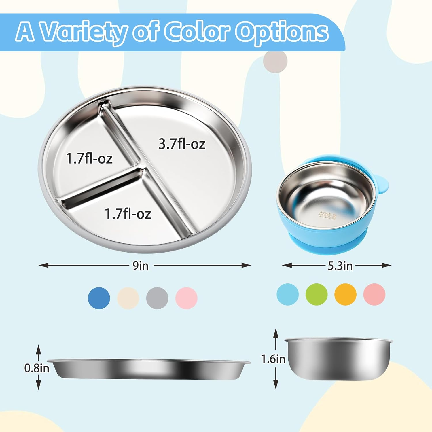 Baby Stainless Steel Feeding Set &ndash; 2 Star-Shaped Plates + 2 Bowls with Removable Silicone Sleeves | 100% Food-Grade 304 Steel | Dishwasher-Safe Tableware (Blue & Grey Plates, Blue & Green Bowls) image number 4