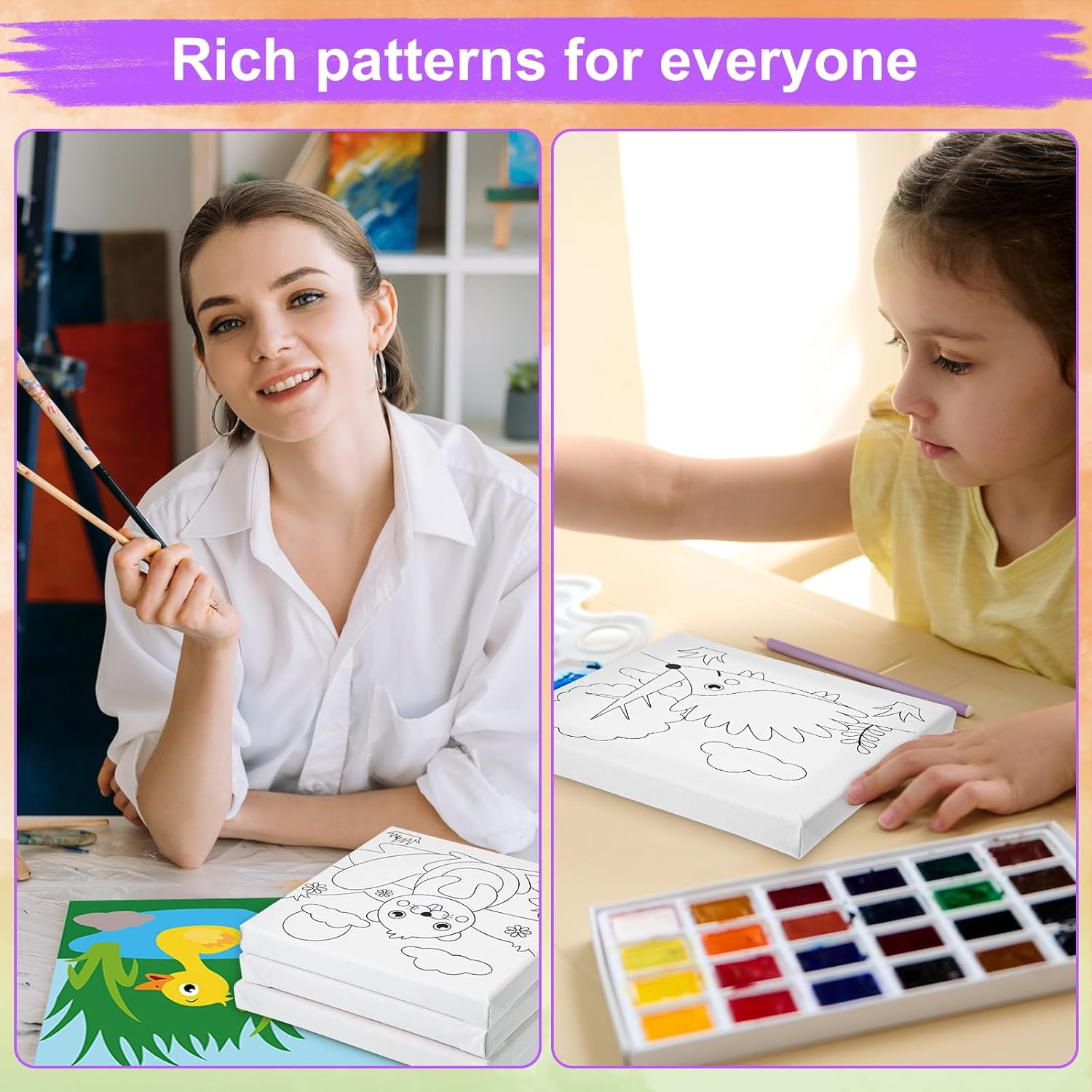 Teling 12 Pcs Pre Drawn Stretched Canvas Kit for Adults Painting Pre Printed Canvas Outline for DIY Painting Party Favor,6 X 6 X 0.6 Inches(Animal) image number 1