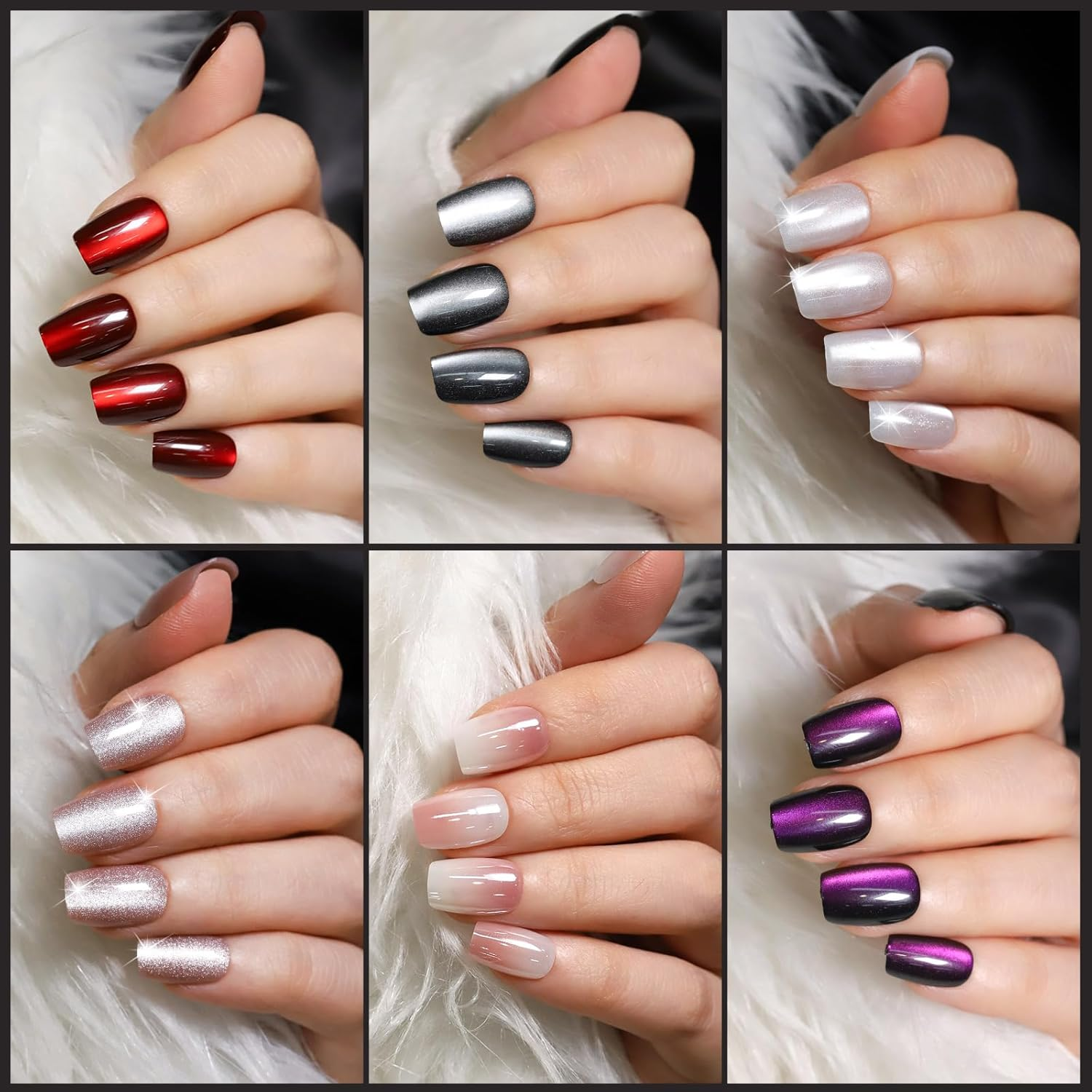 FANDAMEI Cat Eye Press on Nails Short Square, 6 Colors Natural Fake Nails Fine Diamond Shine, Glossy Ombre, Cat Eye Press on Nails for Women with Salon Quality image number 5