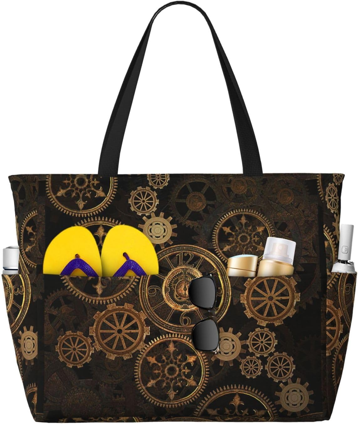 SKKNT Gears Clock Bronze Century Print Large Capacity Tote Bags Waterproof Sandproof Beach Gym Travel Vacation Picnic, Black, One Size image number 2