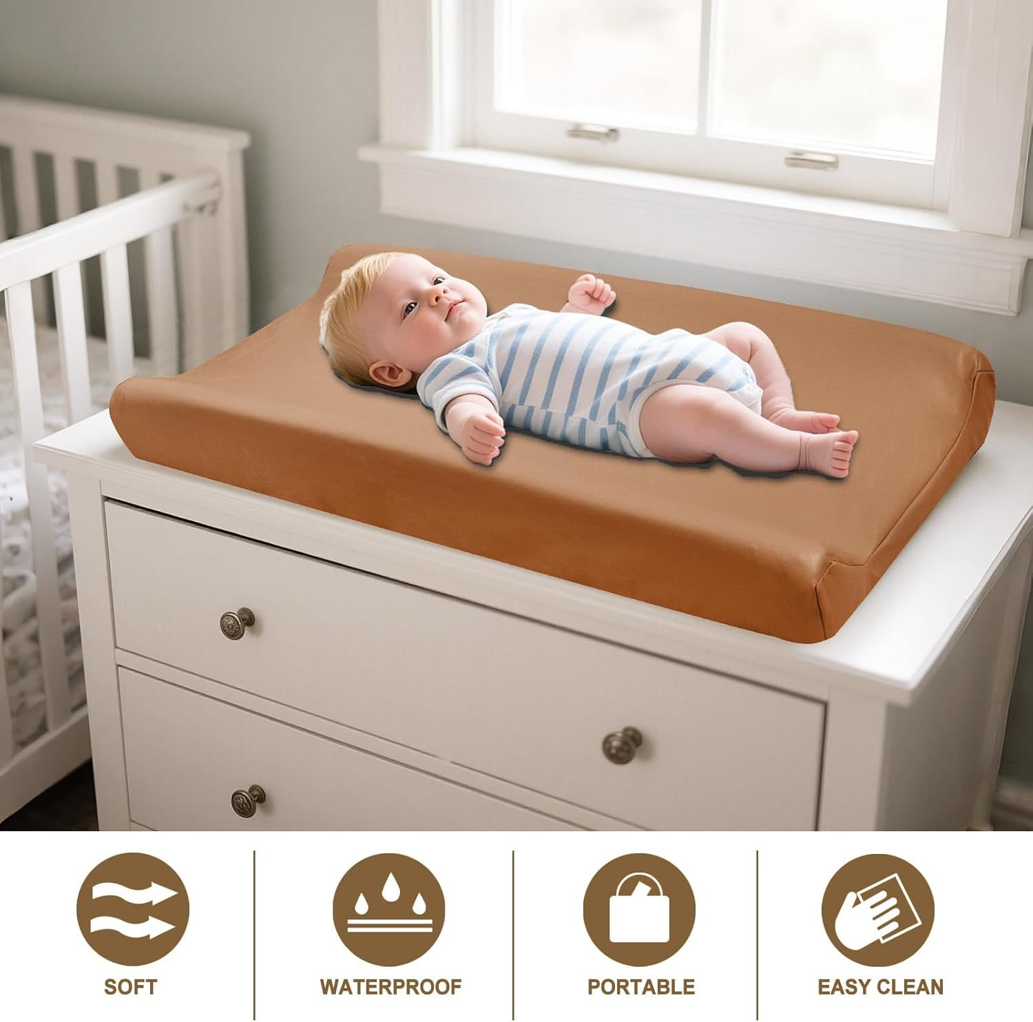 Owlowla Changing Pad Cover,Waterproof Changing Pad Covers-Soft Leather Diaper Changing Table Cover,Fits Standard Changing Pads for Baby Boy Girl（Brown） image number 2