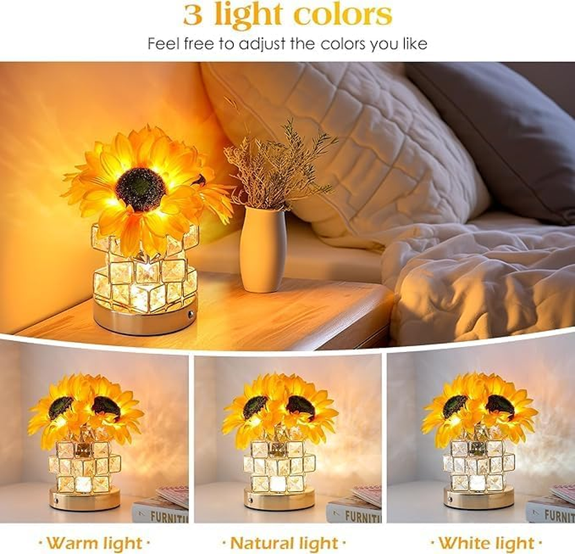 Sunflower Crystal Table Lamp, Dimmable LED Artificial Flower Lamp Touch Lamp with Cube Crystal Vase, USB Rechargeable Cordless Lamps for Bedroom, Living Room, Home Decoration image number 3